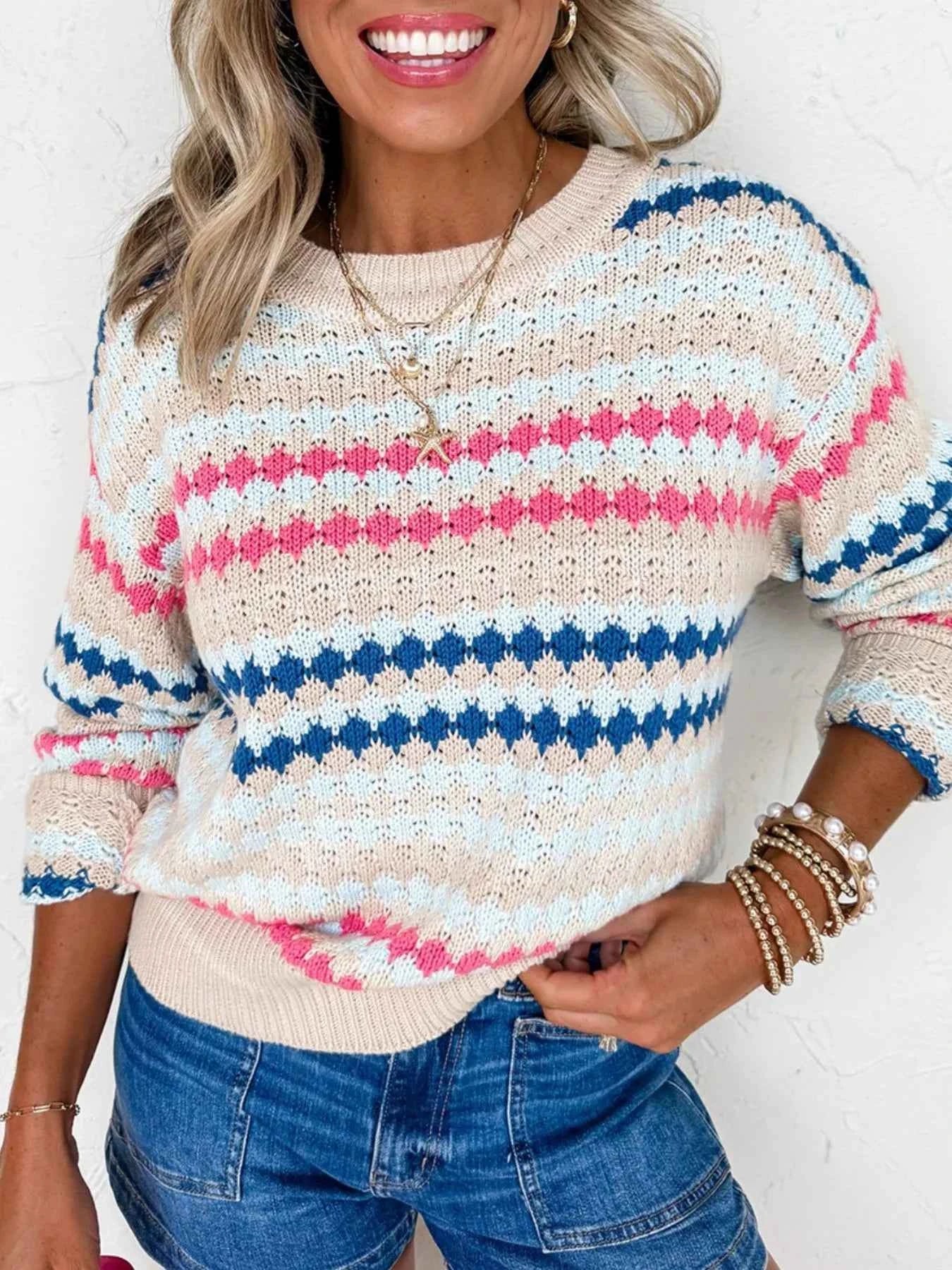Stripe Eyelet Patterned Drop Shoulder Sweater b90f2f50-d684-44bf-9166-3172778af93c-Max-Origin