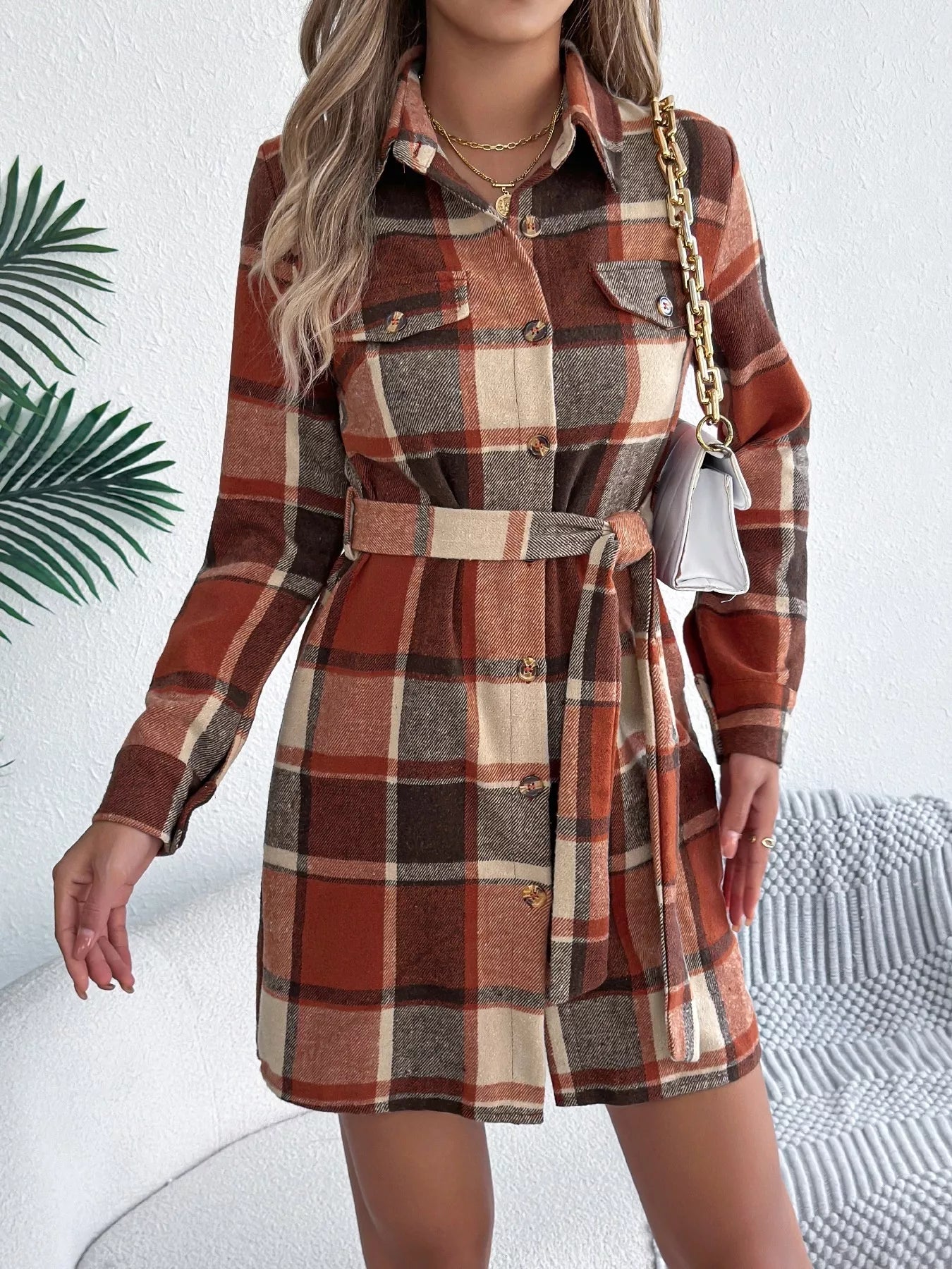 Plaid Button Front Tie Waist Shirt Dress Orange b97049fb74ec4fedb3d693d3860b95e8-Max-Origin