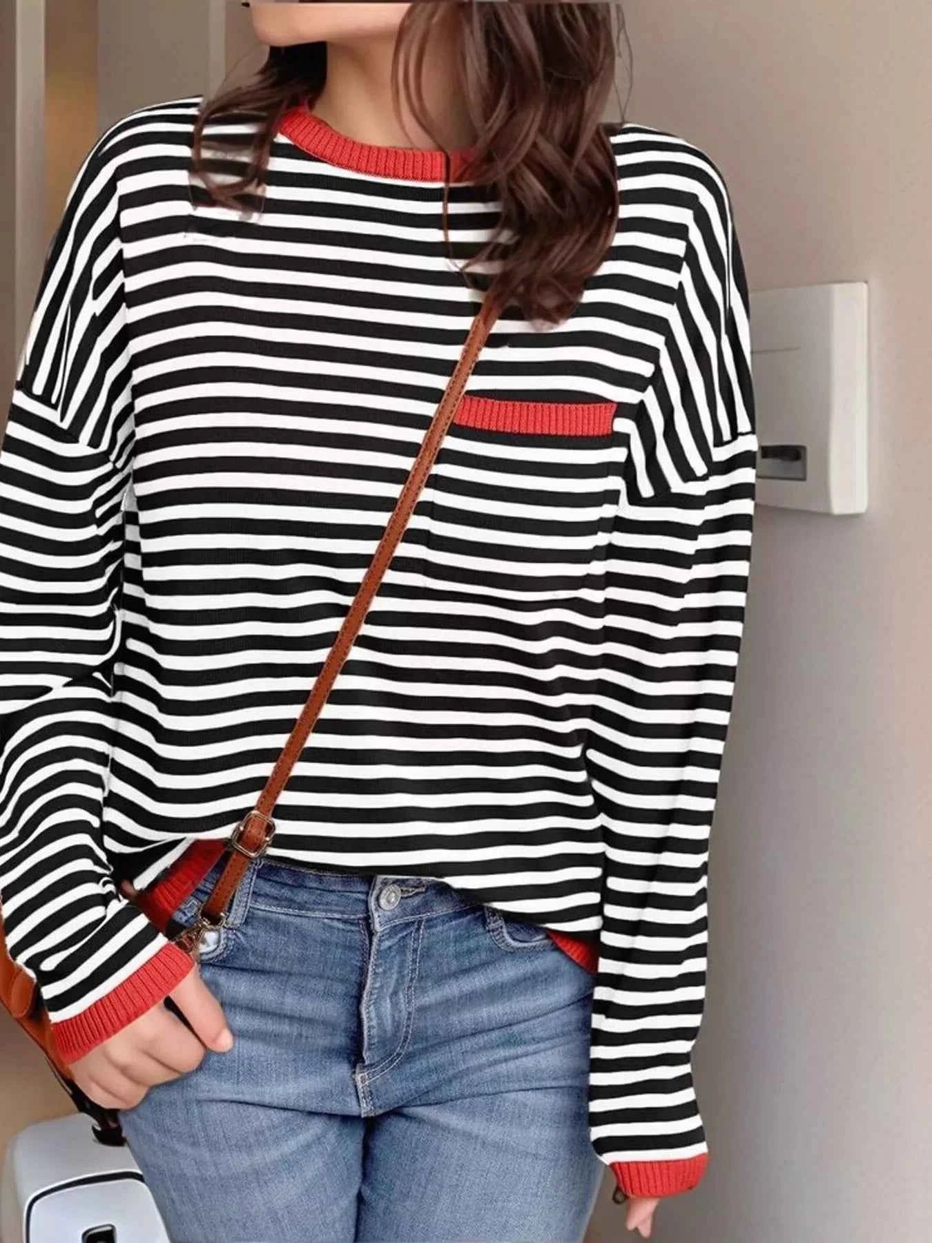 Striped Round Neck Long Sleeve Knit Top Scarlet b9c624e3615141c0be5b3a1f1b4b019c-Max-Origin