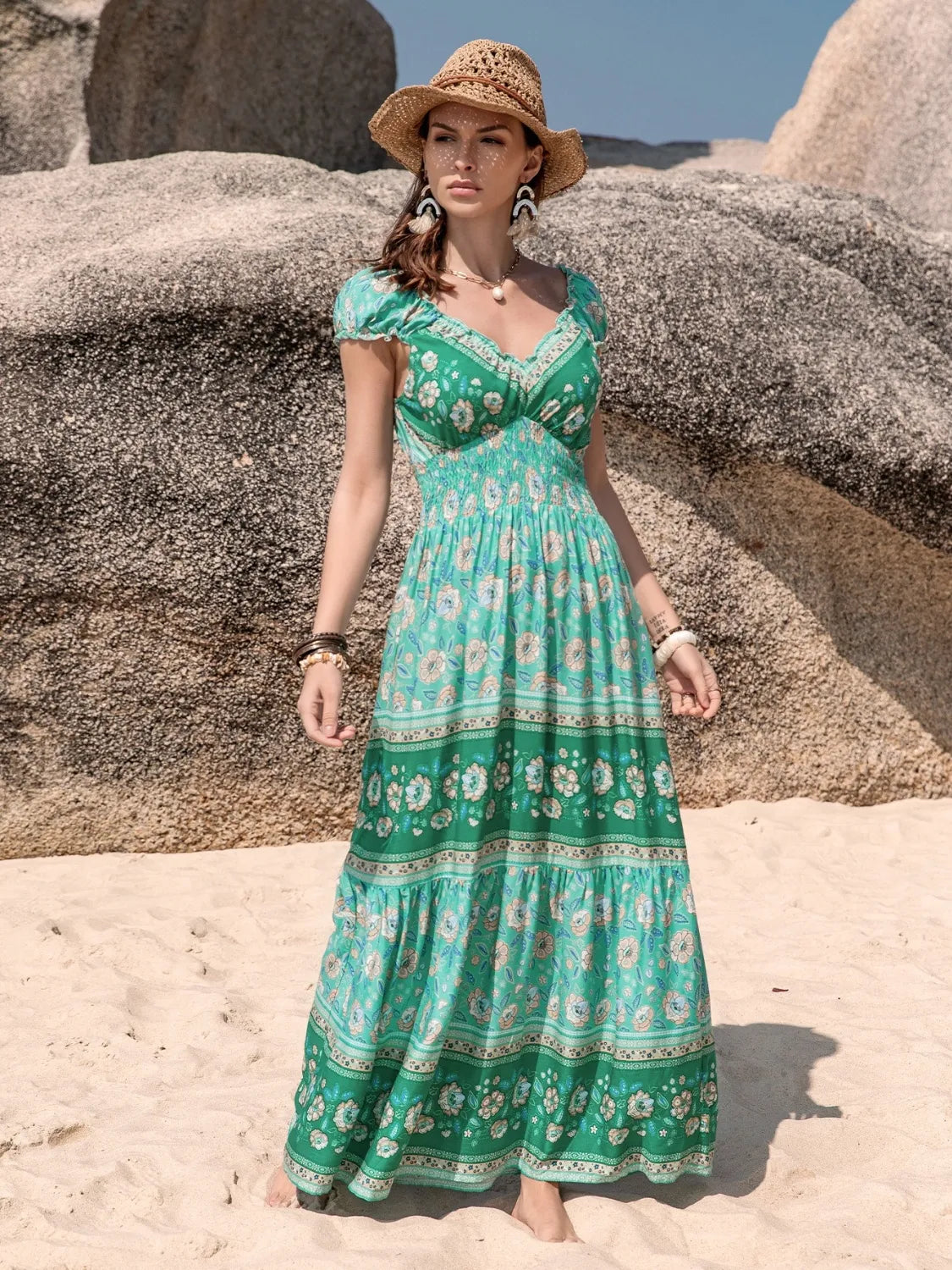 Smocked Printed V-Neck Dress Green b9f76919-12c3-4ece-9f68-425742495073-Max-Origin