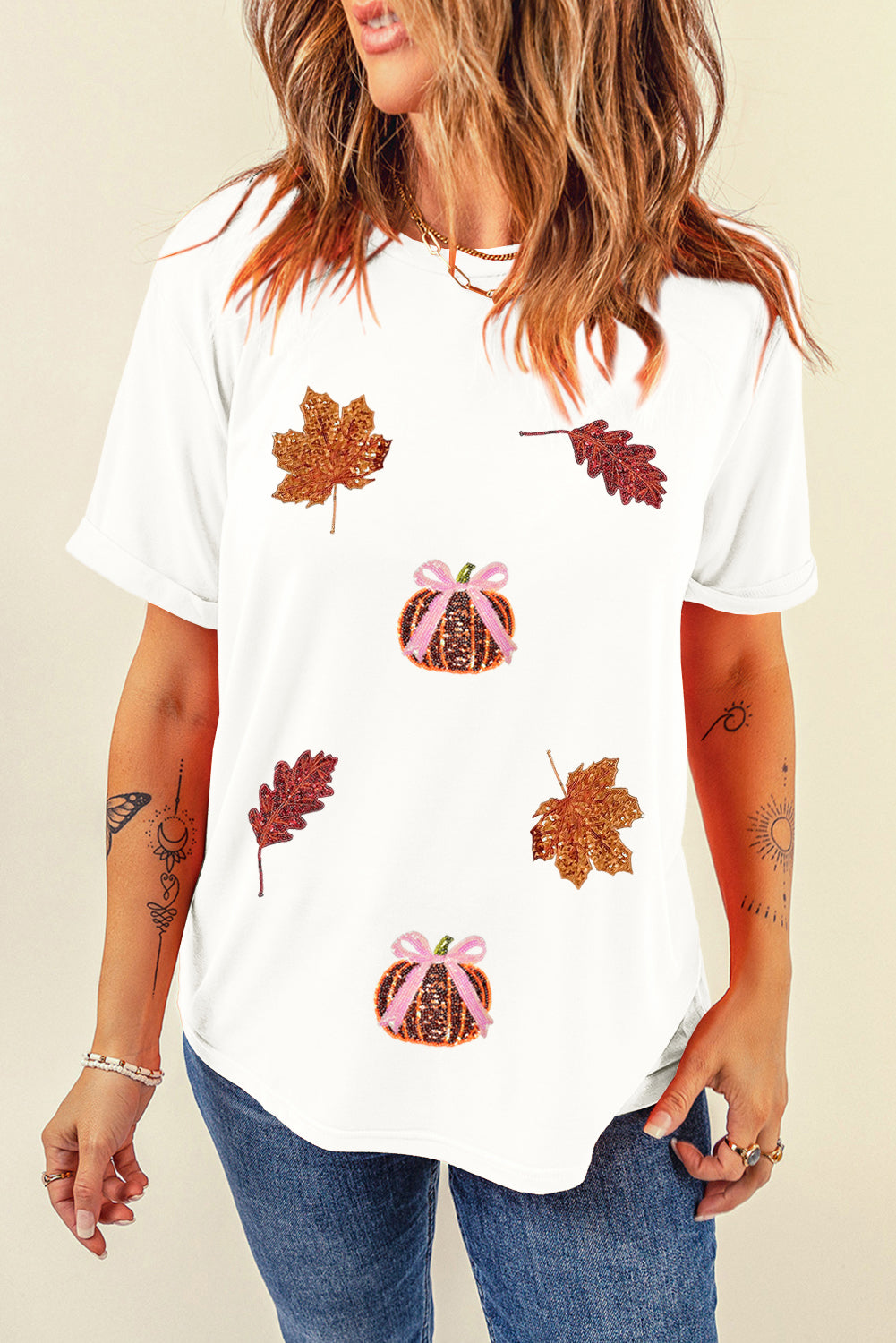 White Pumpkin Leaves Sequins Patch Fall Vibe Graphic T Shirt bac5819d18e345b3