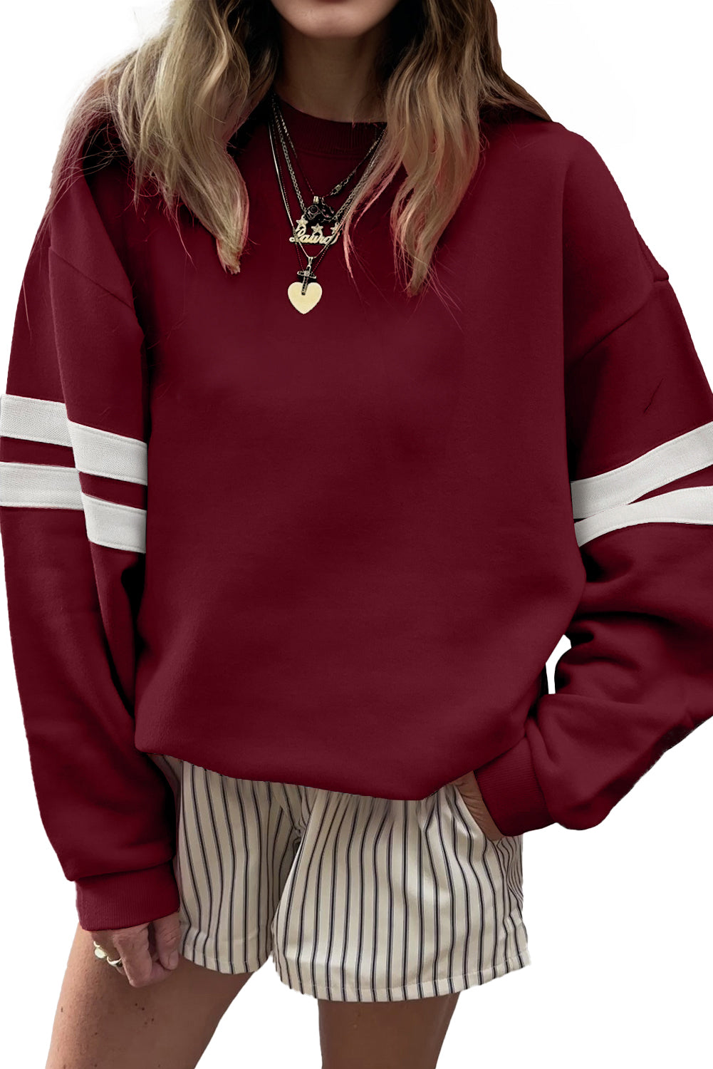 White Preppy Striped Sleeve Loose Sweatshirt Red Dahlia 65%Polyester+35%Cotton bae005cc52676272