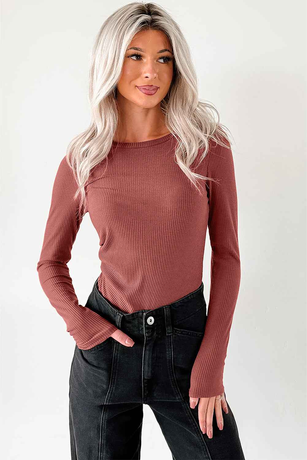 Mineral Red Ribbed Long Sleeve Crew Neck Solid Color Bodysuit