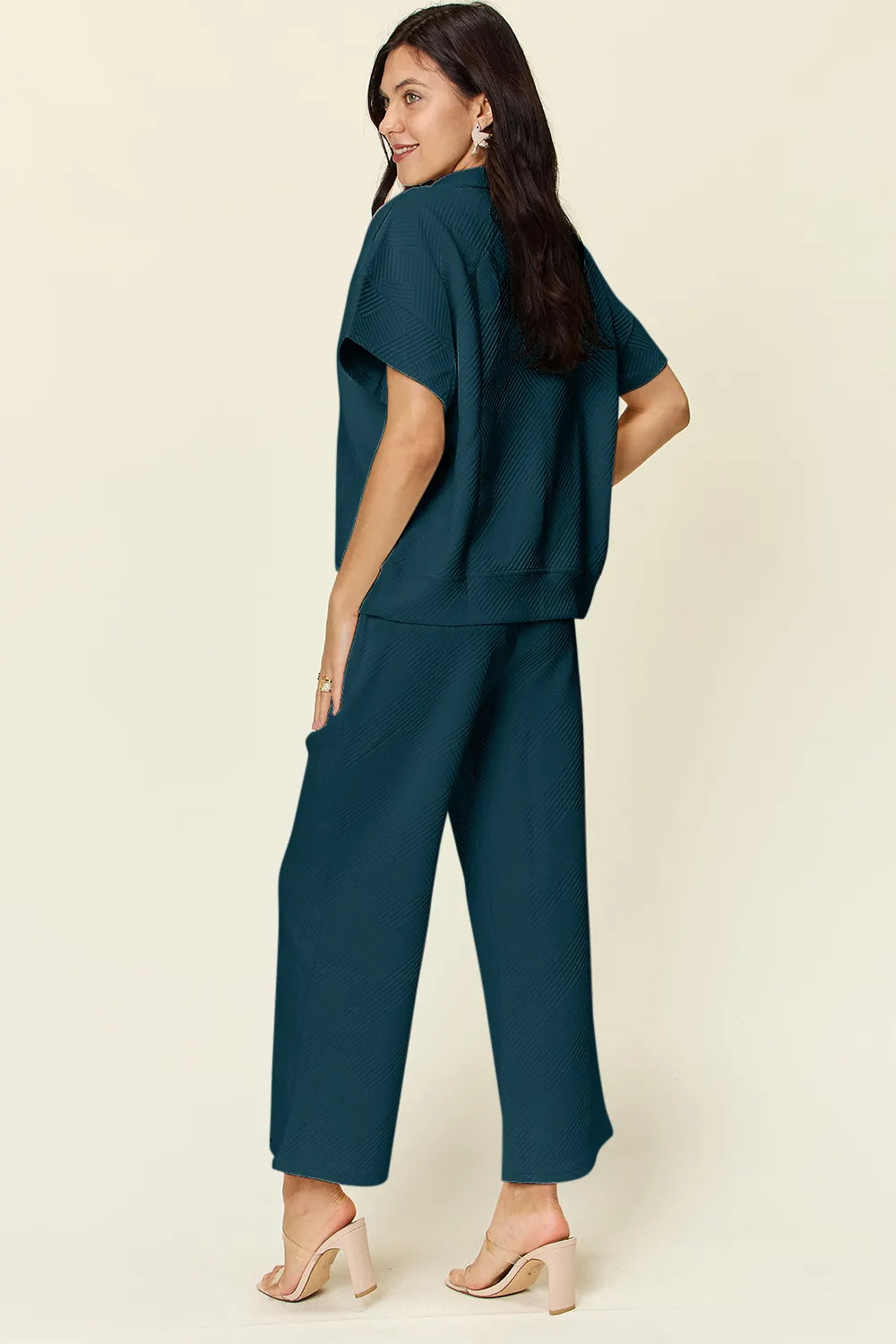Double Take Full Size Texture Half Zip Short Sleeve Top and Pants Set bb07e5d9-c4b2-4d98-a2a2-5b98852ff72a-Max