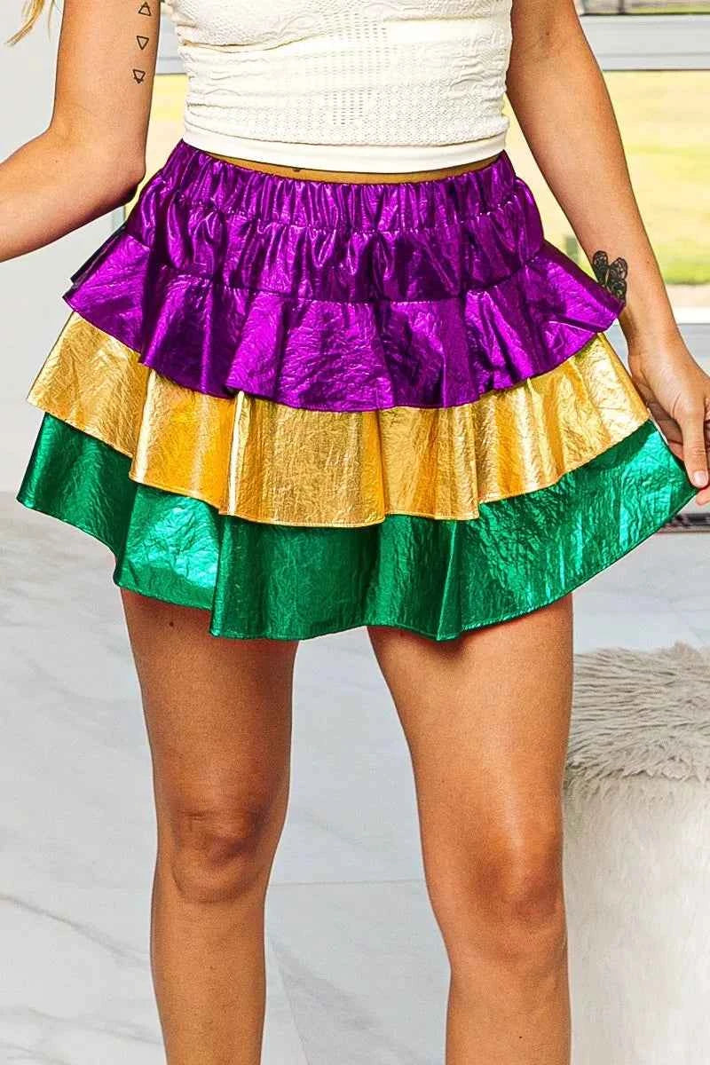 BiBi Mardi Gras Color Block Metallic Tiered Skirt