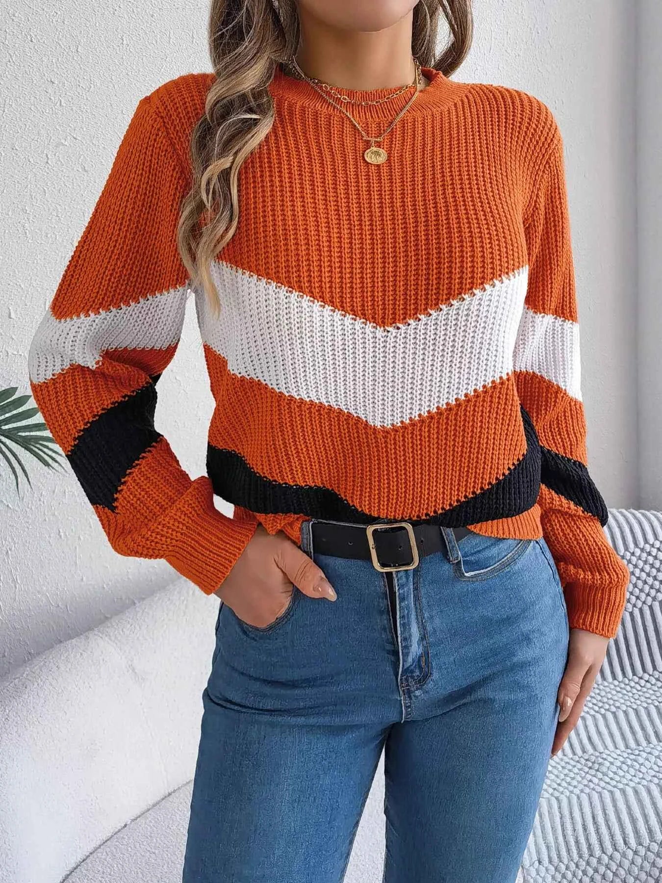 Chevron Stripe Color Block Round Neck Sweater bb7c9797667945cf849da22ace64d11b-Max-Origin