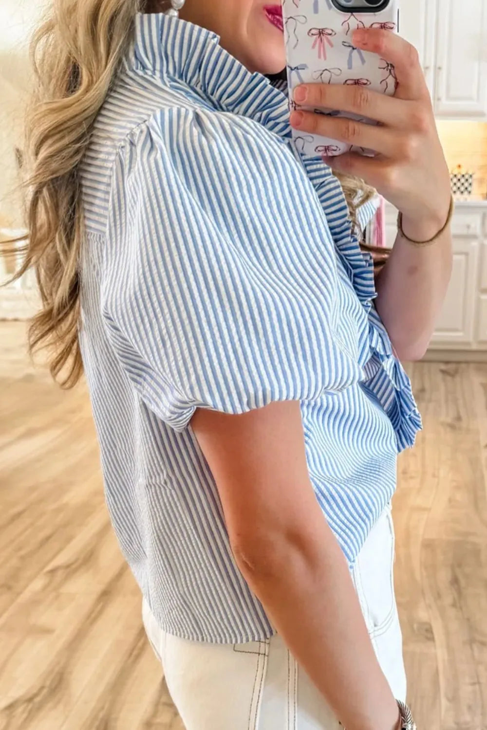 Striped Ruffle Short Bubble Sleeve Shirt