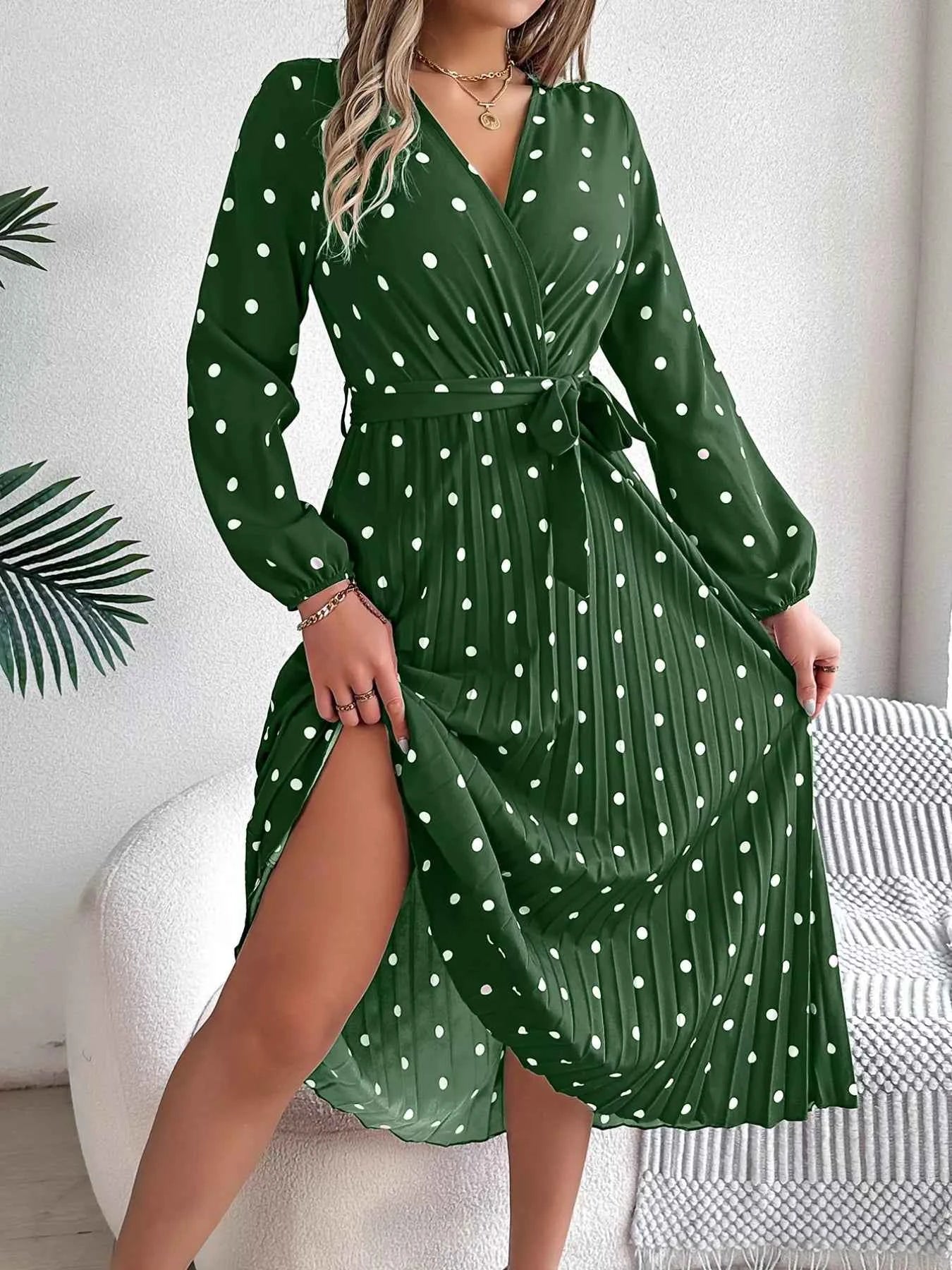 Front Tie Polka Dot Midi Pleated Dress Dark Green bbb3311c-a172-49bc-ab16-4005f18fc8a6-Max-Origin