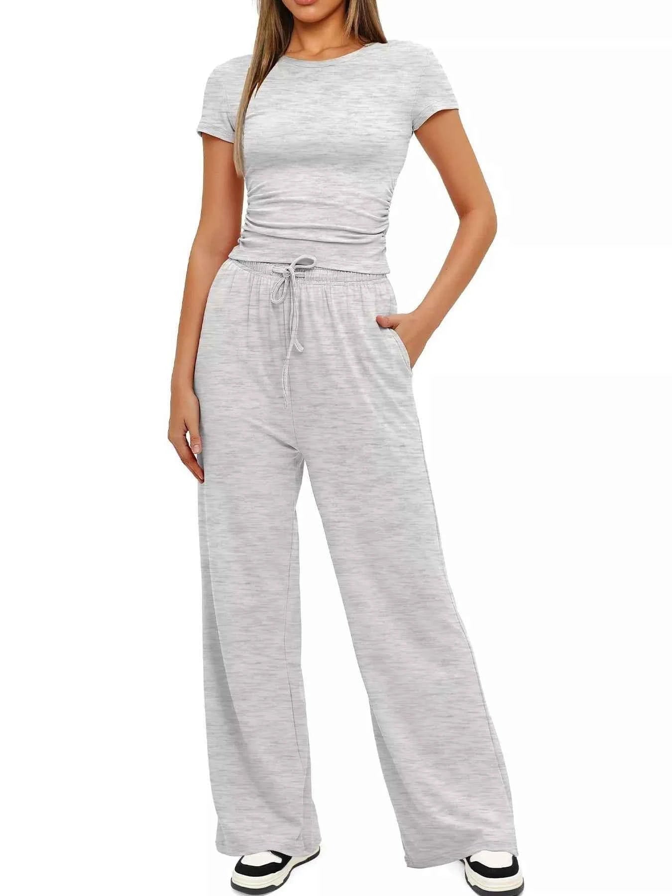Round Neck Short Sleeve T-Shirt and Pants Set Light Gray bbcab214402c40968411702046a23ddf-Max-Origin