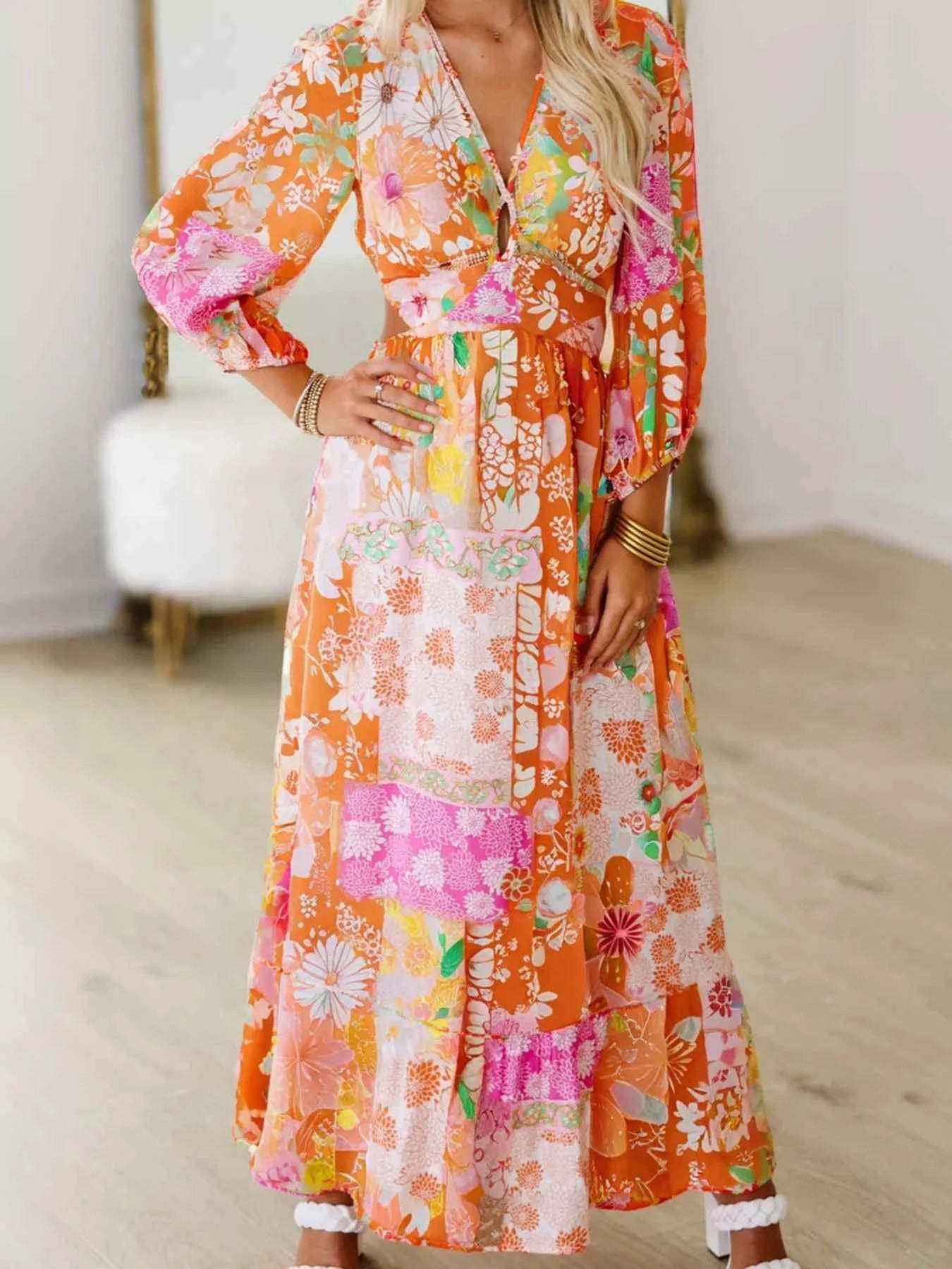 Vibrant Floral Long Sleeve Dress with Lace-Up Back bbf0b3dc840943f5abbaa50411a12e93-Max-Origin