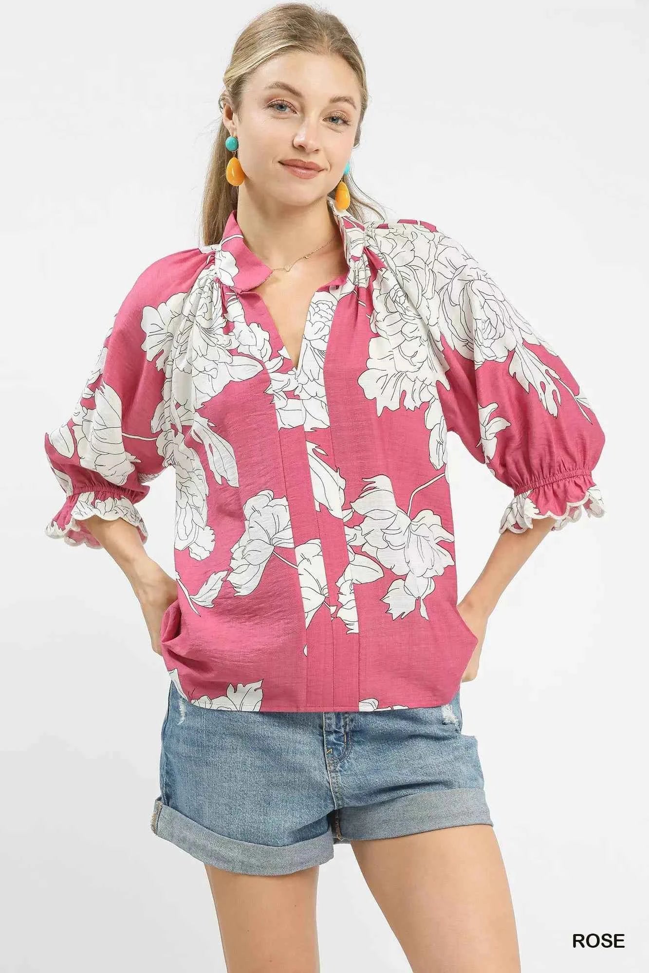 Umgee Peony Illustration Print Flounce Sleeve Blouse