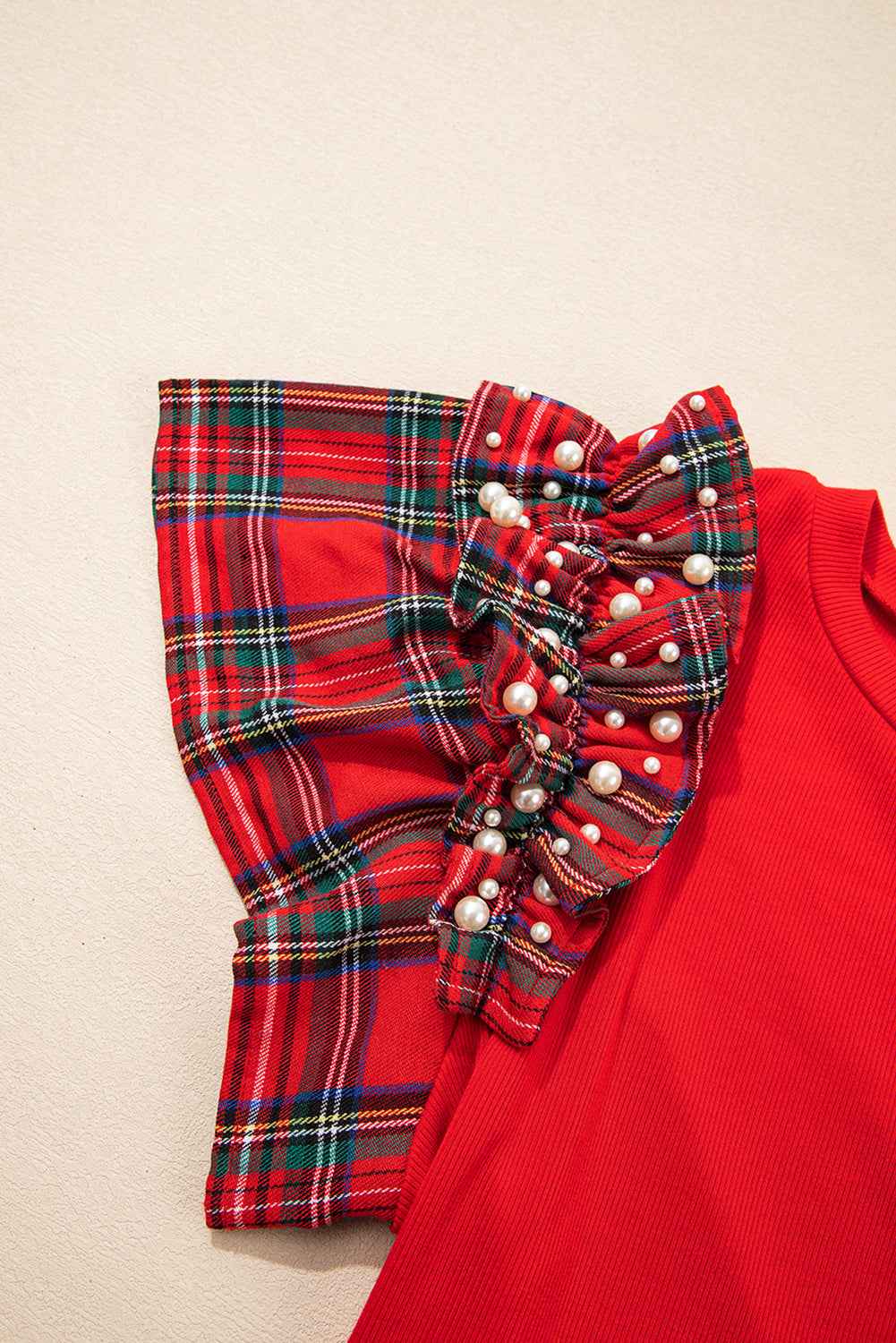 Racing Red Bow Pattern Sequins Patch Pearled Plaid Ruffle Short Sleeve Patchwork Xmas T Shirt bc5d591b2c2ba14c