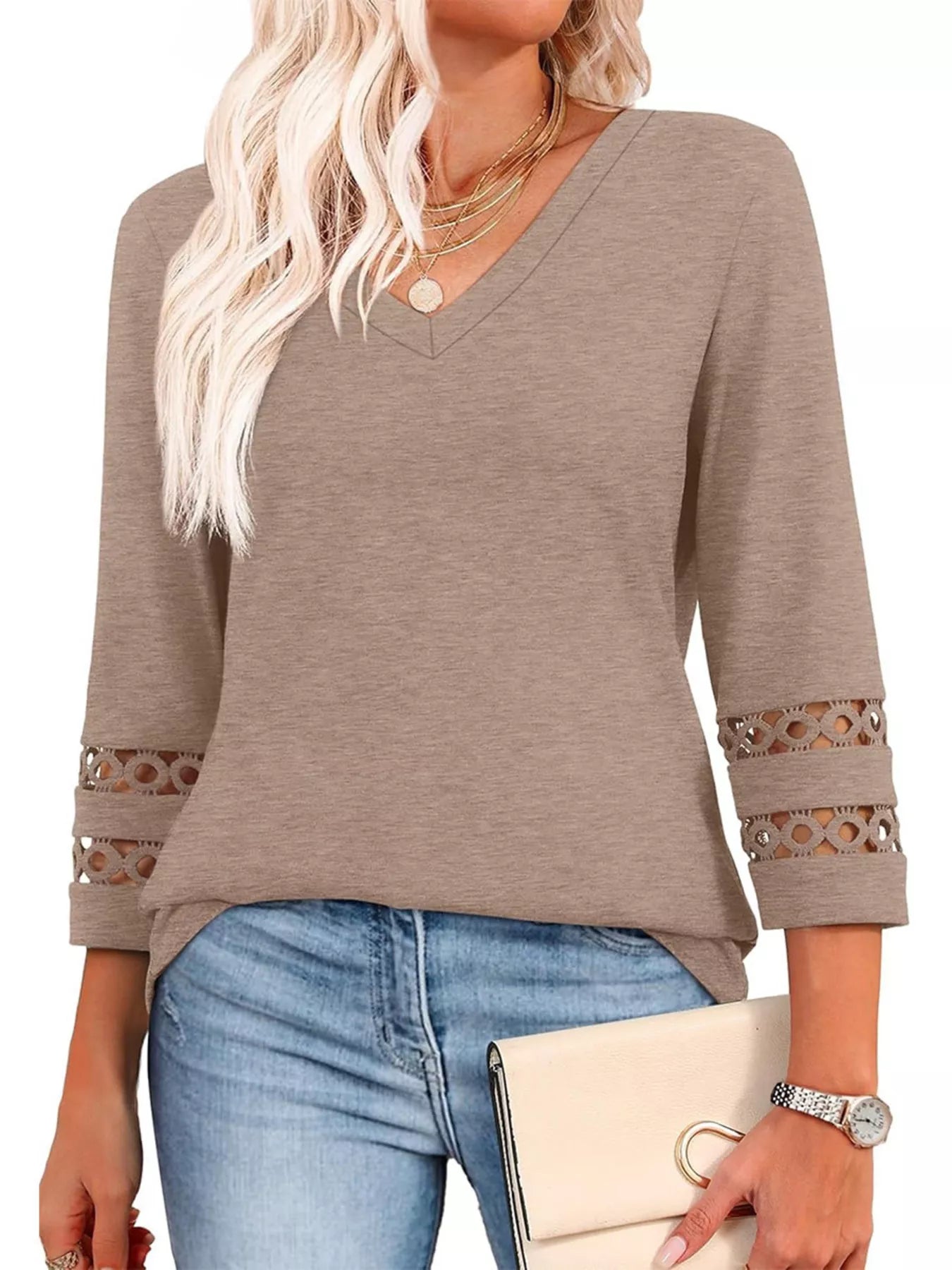 Full Size V-Neck 3/4 Sleeve T-Shirt Plus Size Khaki bc61765e01144f7291b5a17e48b9bc96-Max-Origin