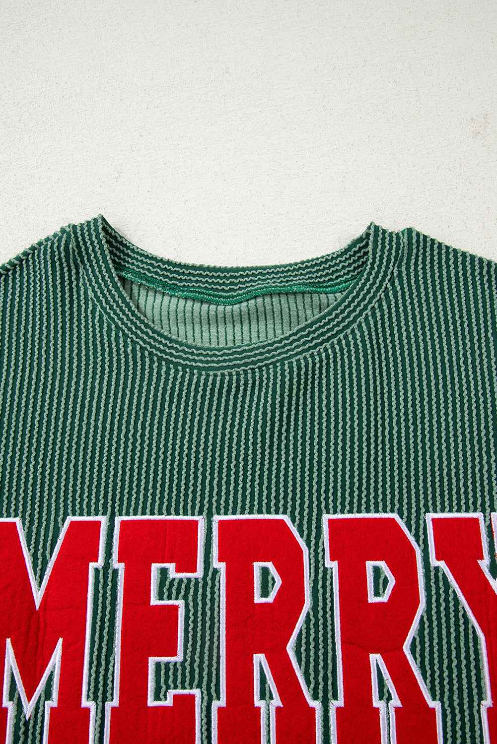 Evergreen Twisted Rib Merry Letter Graphic Loose Long Sleeve Top bca1d1e3d1d54511