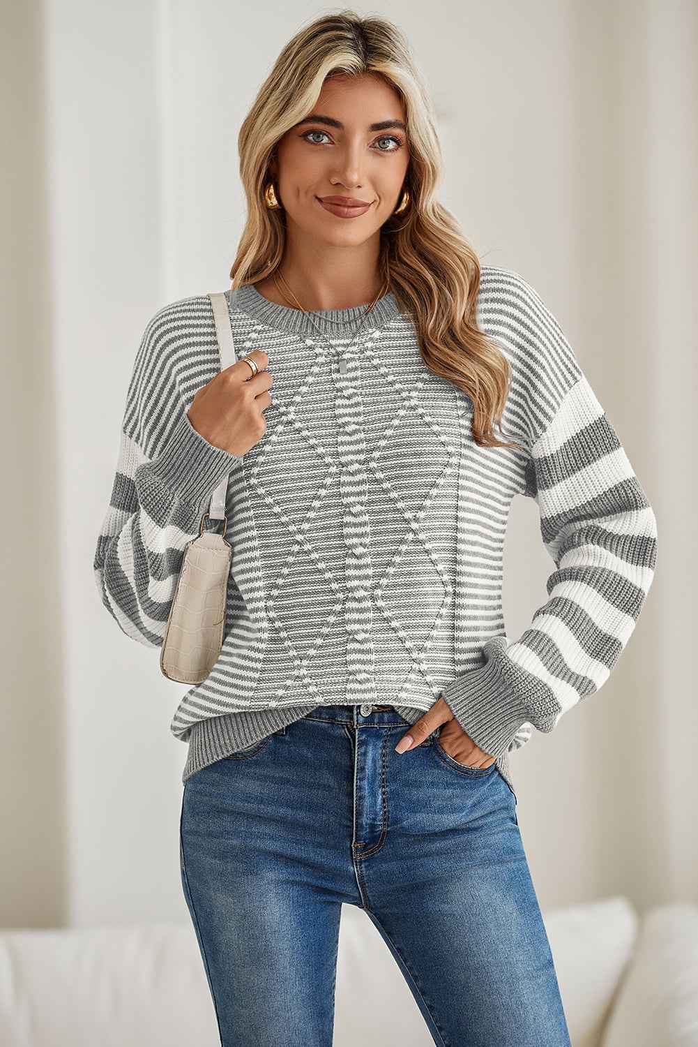 Gray Stripe Twisted Knitted Drop Shoulder Sweater bd12aa961ec89236