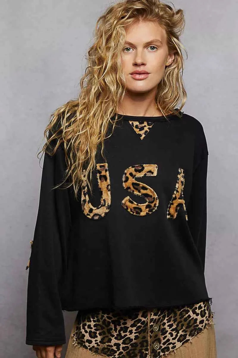 POL Round Neck Long Sleeve French Terry Sweatshirt with USA Letter Animal Patch Black bd2863f6-8cbc-43cb-a28a-198ede643e7f-Max-Origin