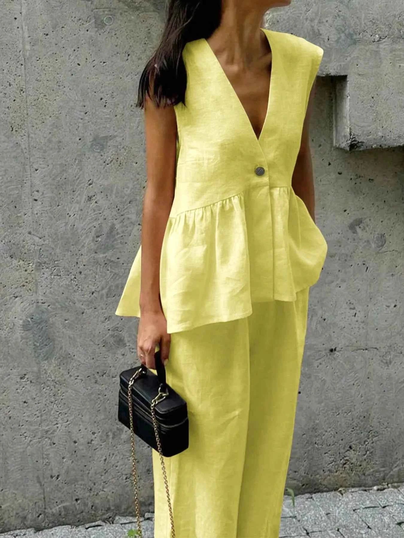 Button Down Peplum Vest and Pants Set Pastel Yellow bd46da6f-b4b3-4da2-abec-1effae56d2e8-Max-Origin