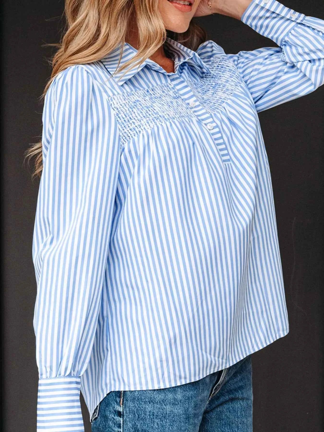 Stripe Shirred Detail Half Placket Collared Long Sleeve Shirt bd6c6dc9-ae79-4668-b1f1-b39ef1df5574-Max-Origin