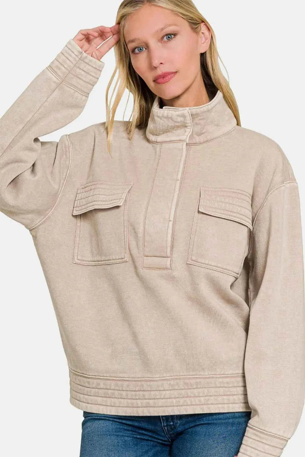 Zenana Acid Washed Half Snap Fleece Sweatshirt Ash Mocha be1709f8-19f9-446e-bc40-e5f4ae2eed10-Max
