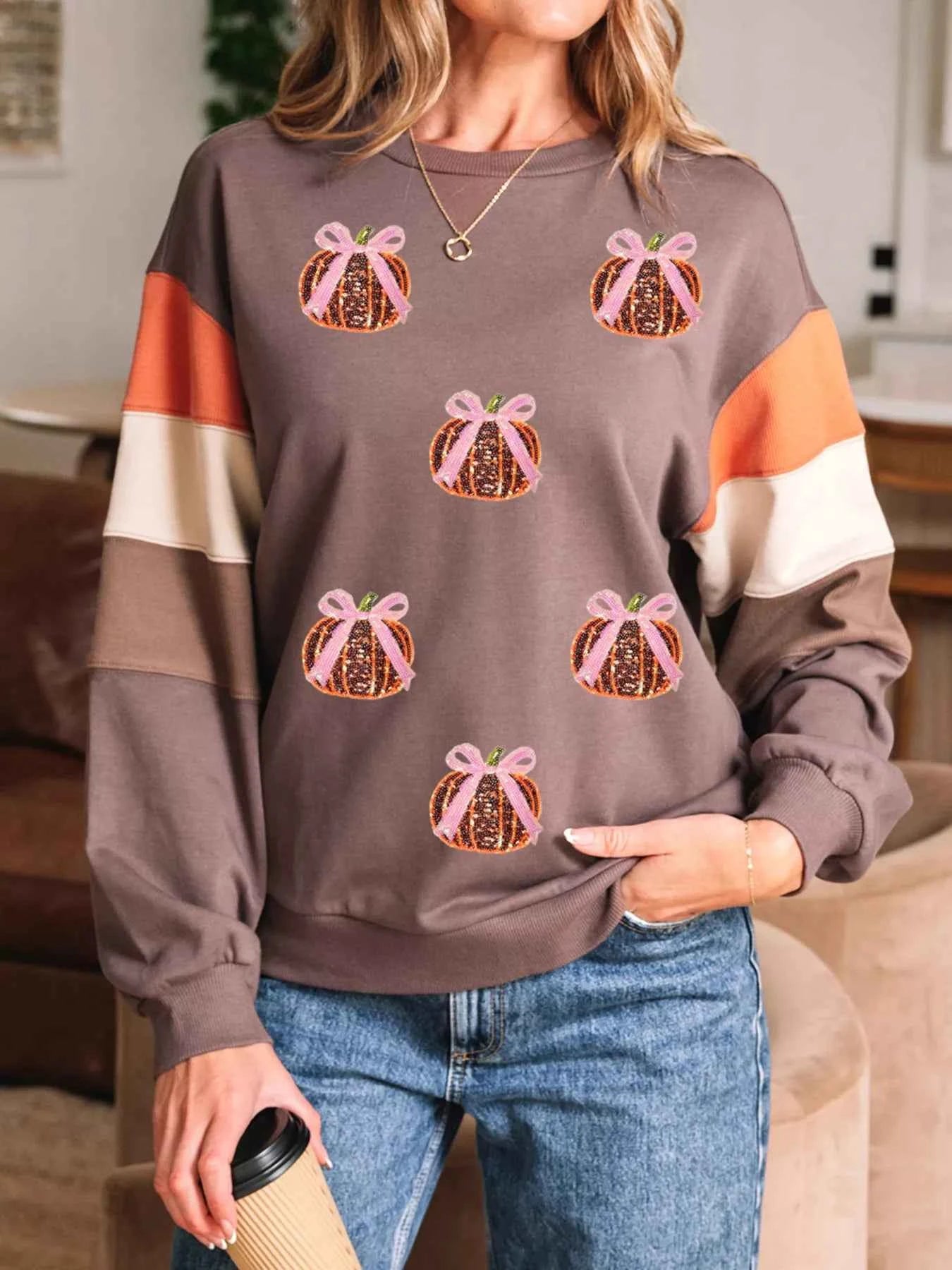 Sequin Bow Pumpkin Round Neck Sweatshirt Taupe be92db63eb3f4abe847b492cf4364d67-Max-Origin