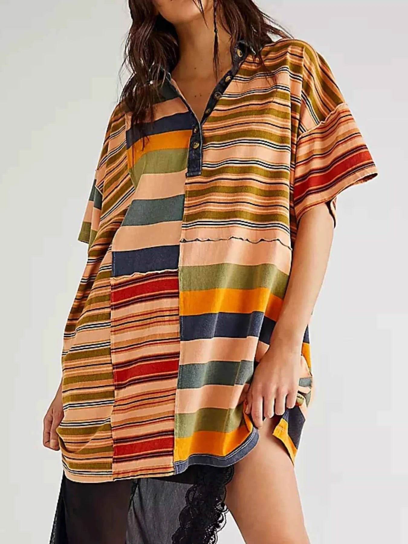 Striped Oversized Half Button Shirt Dress Orange-red Stripes bedad556-01ab-48c4-8698-0d7f5a1bf506-Max-Origin