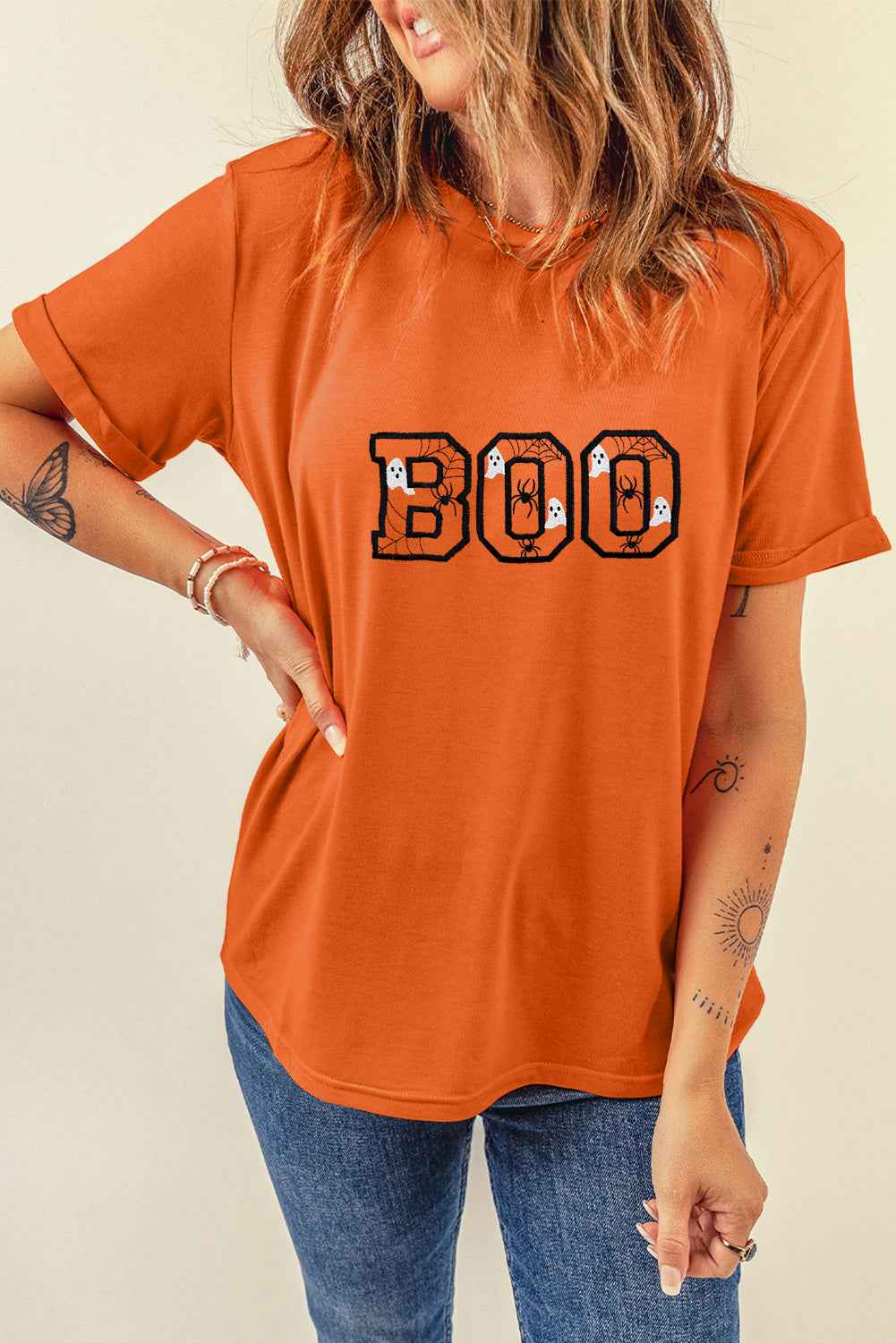 Orange BOO Halloween Ghost Sipder Embroidered Graphic Tee Orange 62%Polyester+32%Cotton+6%Elastane bef972ab3dc04afc
