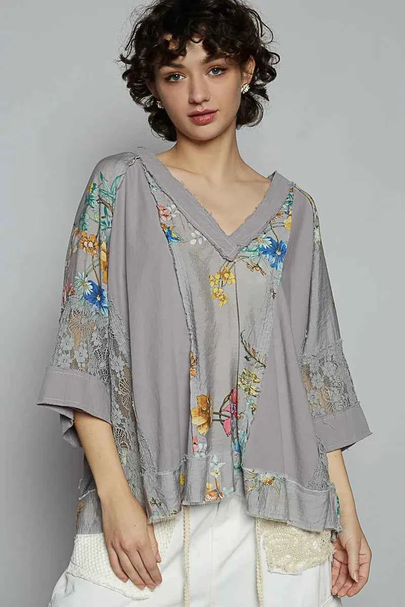 POL Floral V-Neck Raw Edge T-Shirt with Lace Detail Dark Gray bf23ddab-f46d-4e64-8c69-1c2dcf98e6bd-Max-Origin