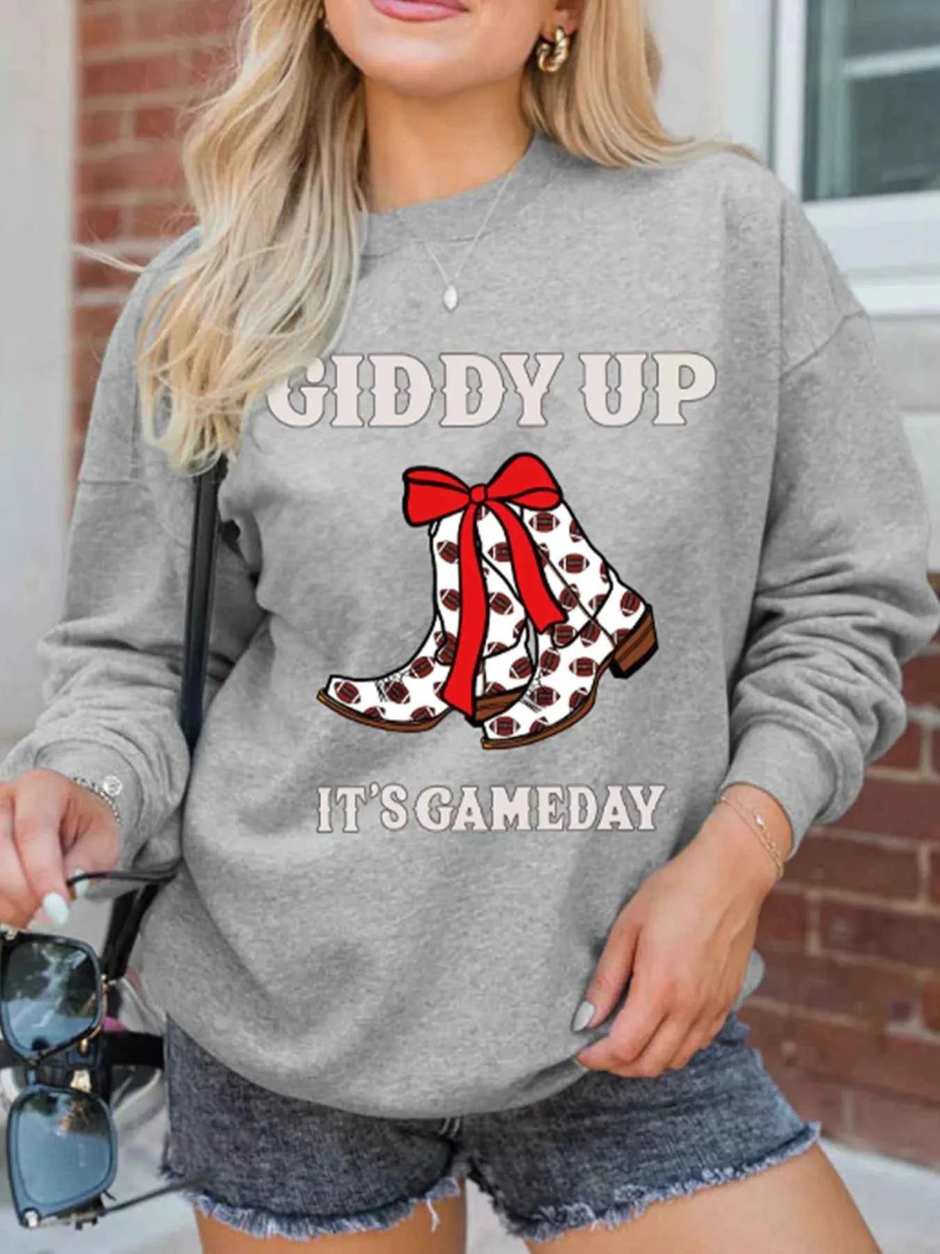 GIDDY UP ITS GAME DAY Cowgirl Boots Graphic Sweatshirt bf2537bf-f493-4006-baee-4390b861281a-Max-Origin