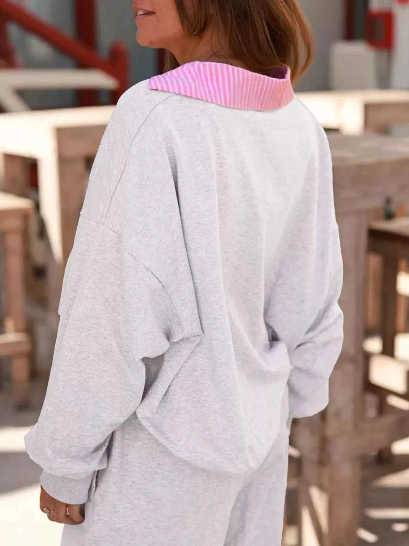 Contrasted Trim Frilled Collar Drop Shoulder Top and Drawstring Pant Set bf78401a-08b5-4ec5-84ba-708fcd75754e-Max-Origin