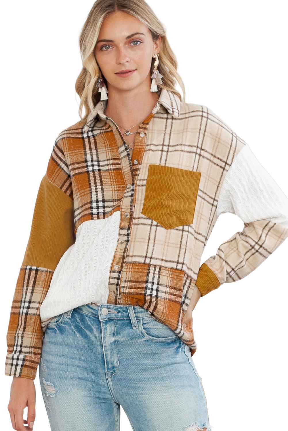 Orange Plaid Color Block Patchwork Pocket Shirt Shacket Orange 100%Polyester bfe1a6a4edf7228e