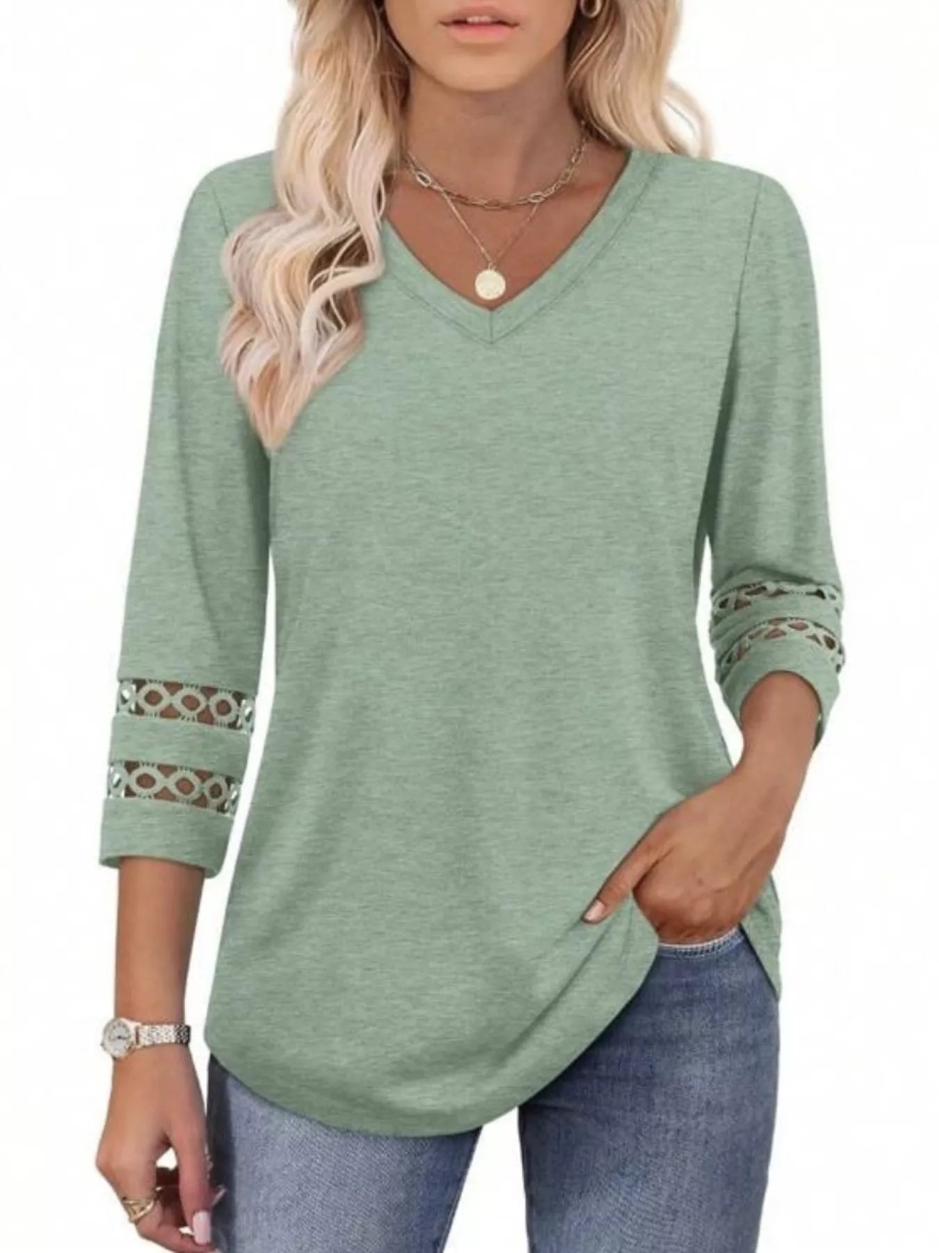 Full Size V-Neck 3/4 Sleeve T-Shirt Plus Size Light Green c03740f260454ef59945005d901e1217-Max-Origin