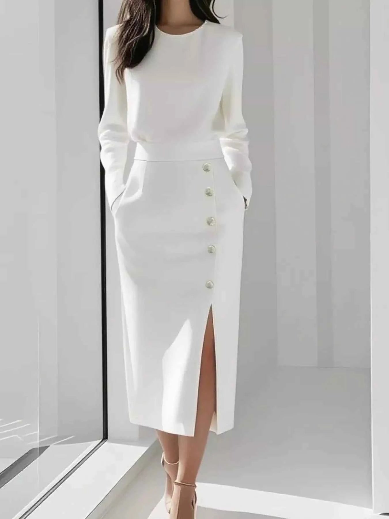 Long Sleeve Button Detail Midi Dress with Side Slit White c0c9d7de-616e-4bce-8539-e5f968041e72-Max-Origin