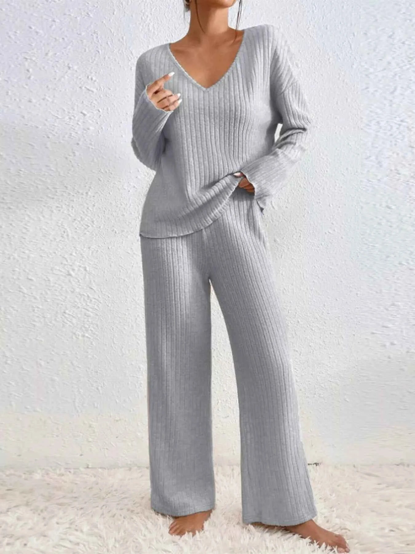 Ribbed V-Neck Top and Pants Set Light Gray c0da3d234a774a9e837e67bb9186b704-Max-Origin