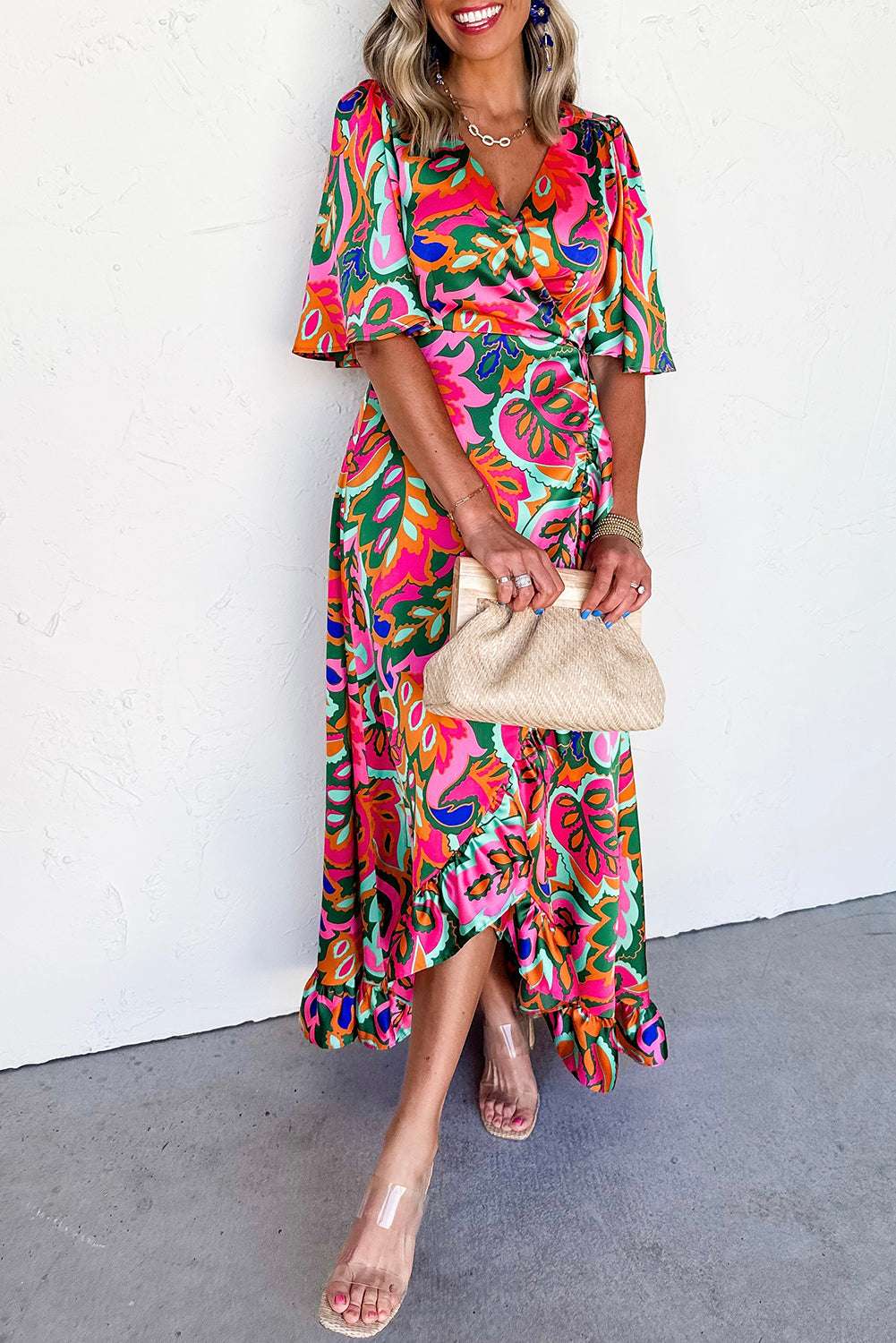Rose Tropical Plant Print Surplice V Neck Ruffle Hem Maxi Dress Rose c116d1c5fb750e62-_1