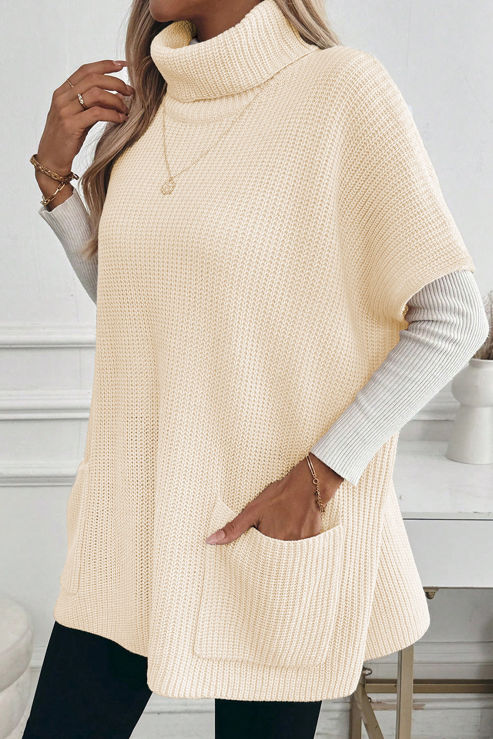 Jet Stream Plain Knit Casual Turtleneck Short Sleeve Tunic Sweater with Pockets c13c5278be752e94
