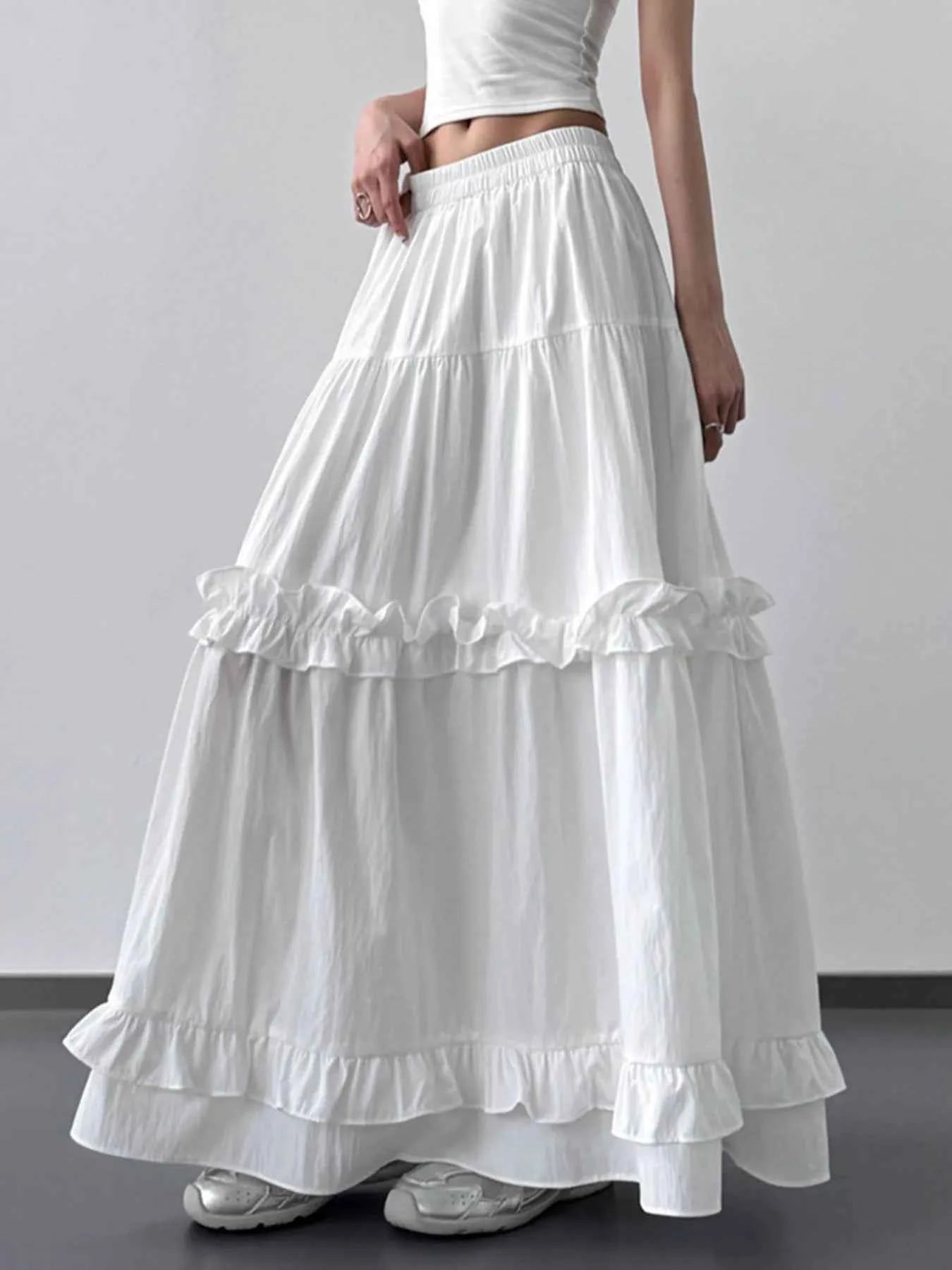 Elastic Waist Ruffle Maxi Skirt White c15f78e5-f731-4a9f-b9f7-238e0171c8a9-Max-Origin