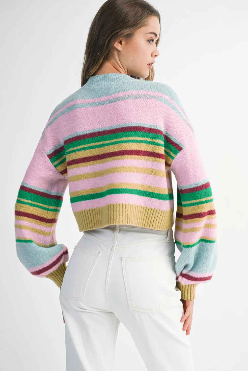 Multicolour Striped Knit Ribbed Trim Boxy Fit Cropped Sweater