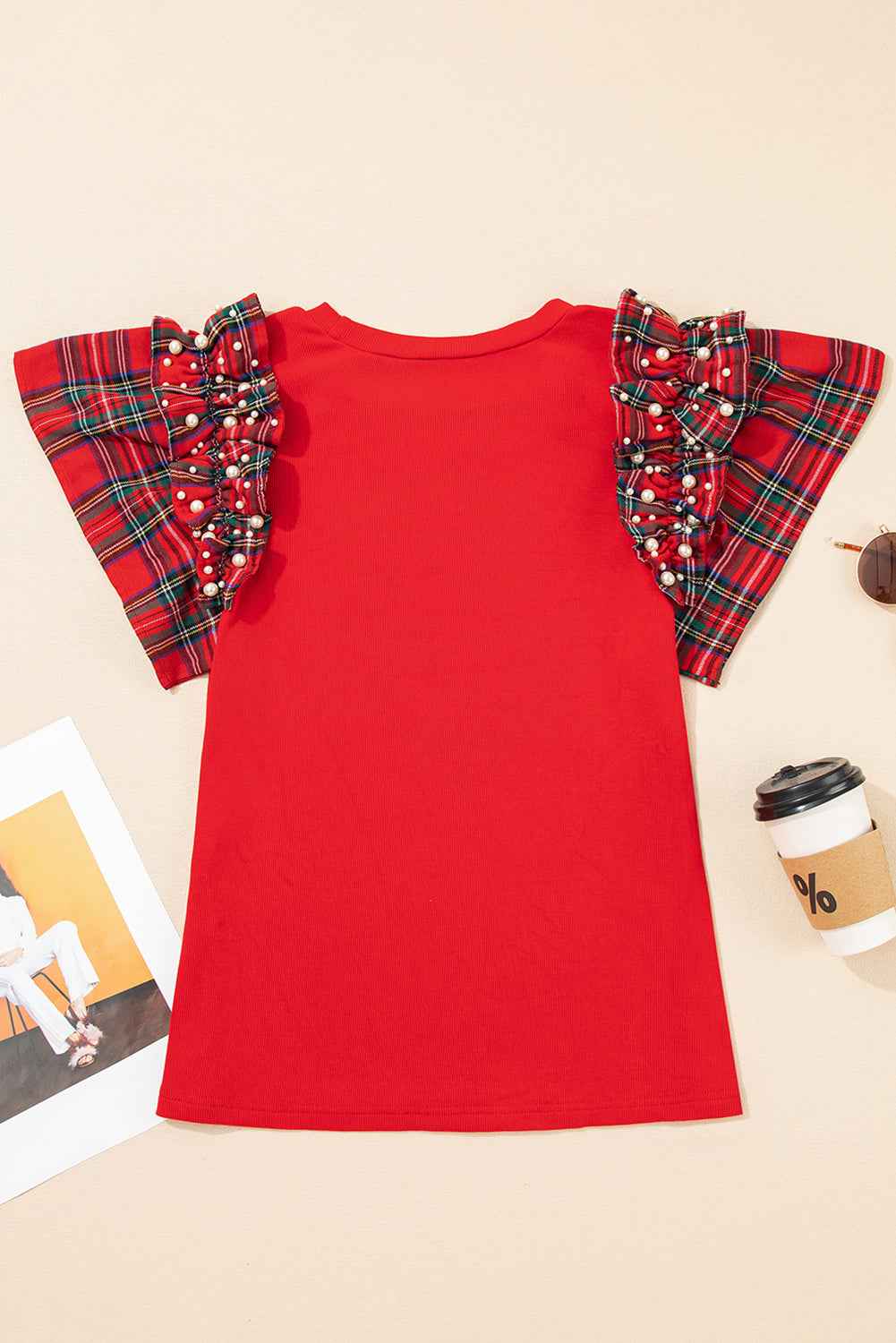 Racing Red Bow Pattern Sequins Patch Pearled Plaid Ruffle Short Sleeve Patchwork Xmas T Shirt c2171254af2b93ee