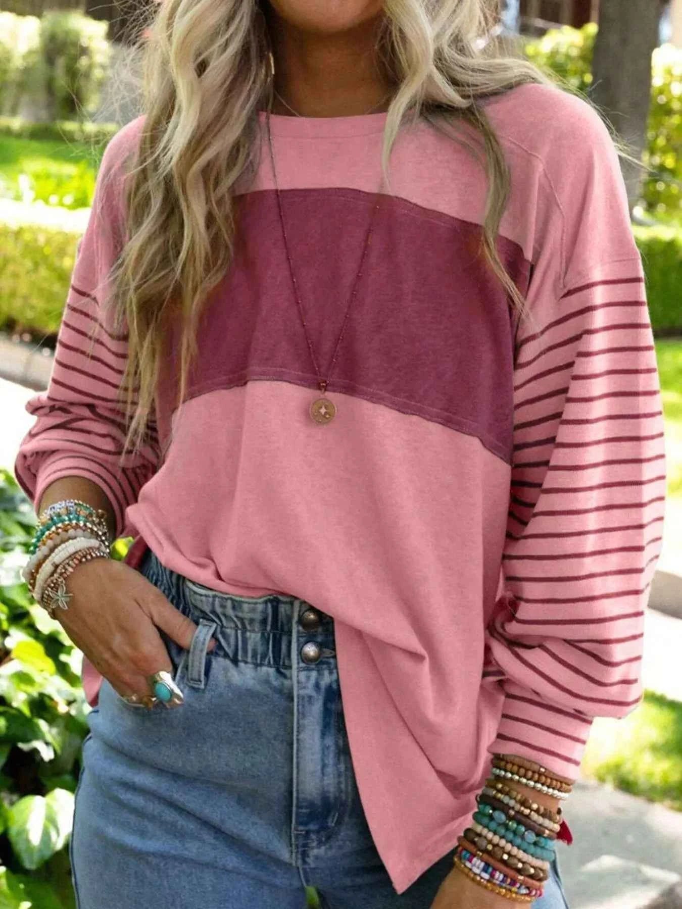 Striped Color Block Long Sleeve T-Shirt Cerise c2aa275c-dfab-4315-9389-33d416d961a5-Max-Origin