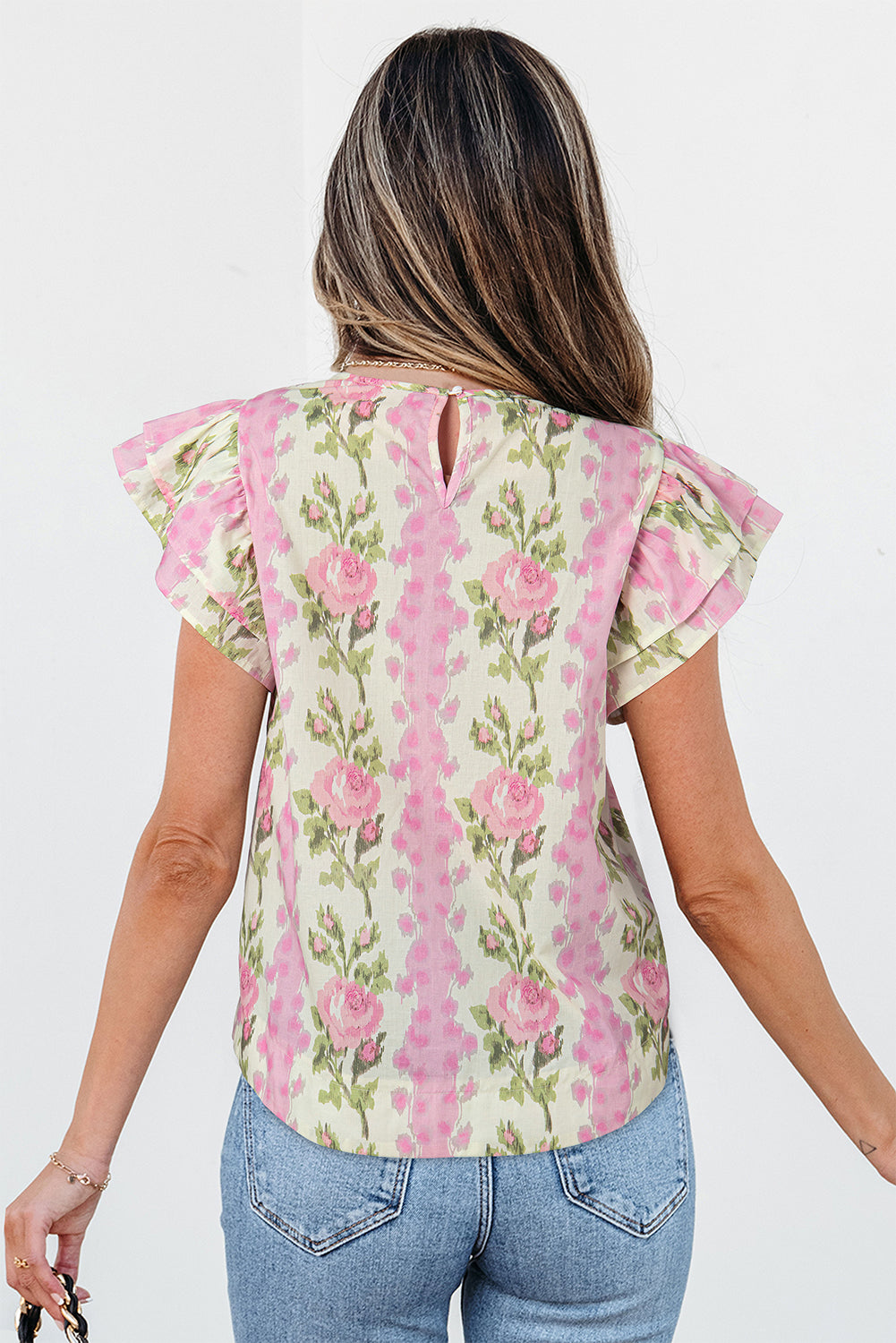 Pink Floral Print Layered Ruffle Sleeve Summer Top c2dd11223faec535