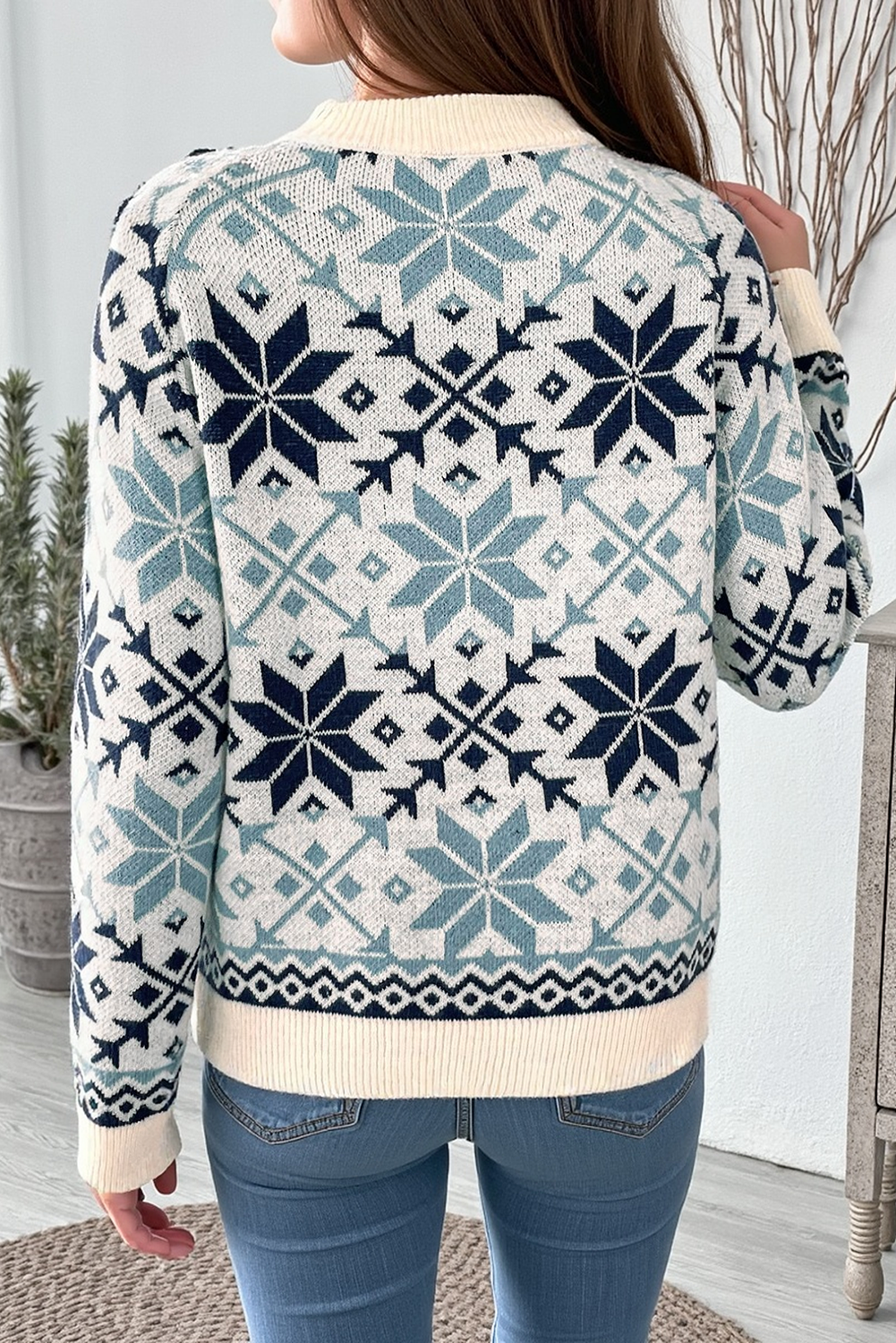 Sky Blue Snowflake Geometric Pattern Fashion Sweater c37b2fe65f4a0c36
