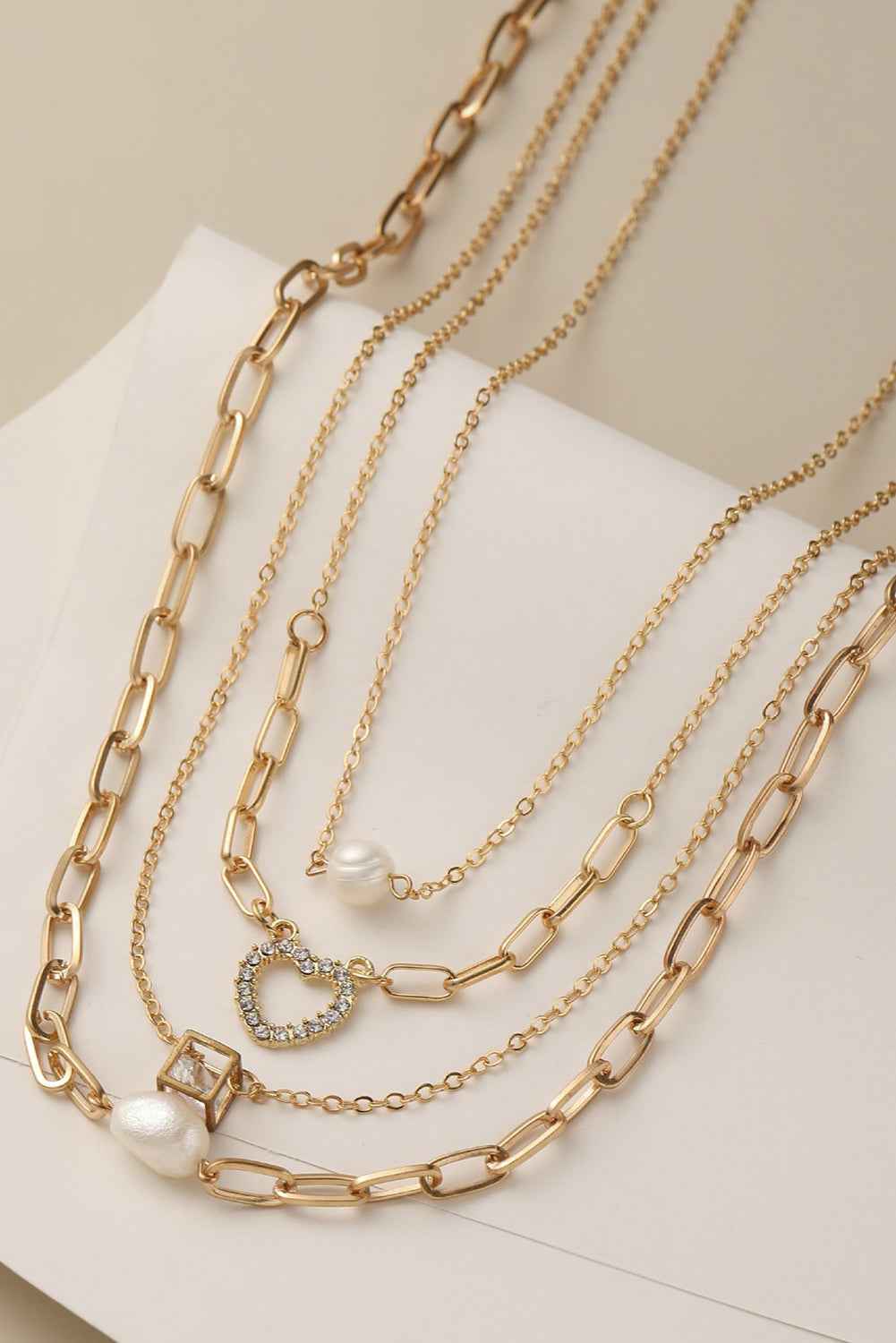 Gold 4pcs Pearl Cube Heart Pendant Chain Necklace Set c3c83b1c7ea20aef