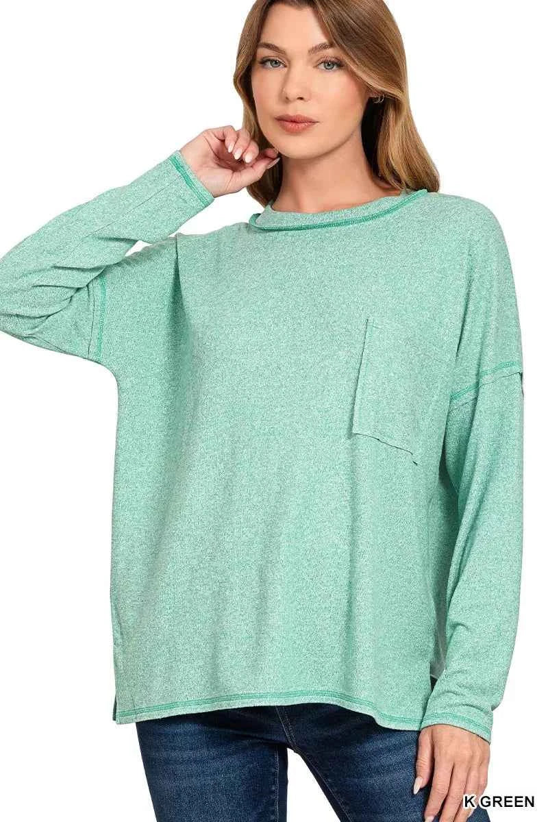 Zenana Soft Melange Hacci Round-Neck Long Sleeve T-Shirt K GREEN c3e0eb924da34b7099c4bb2646a0b10d-Max-Origin