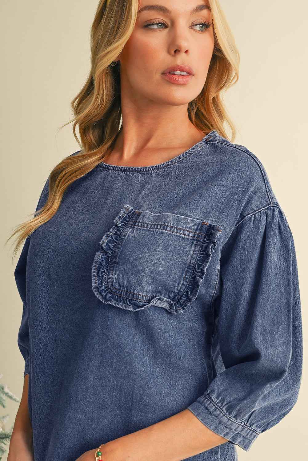 Sky Blue Frill Trim Puff Sleeve Pocket Denim Blouse c3f2abd127d3dffa