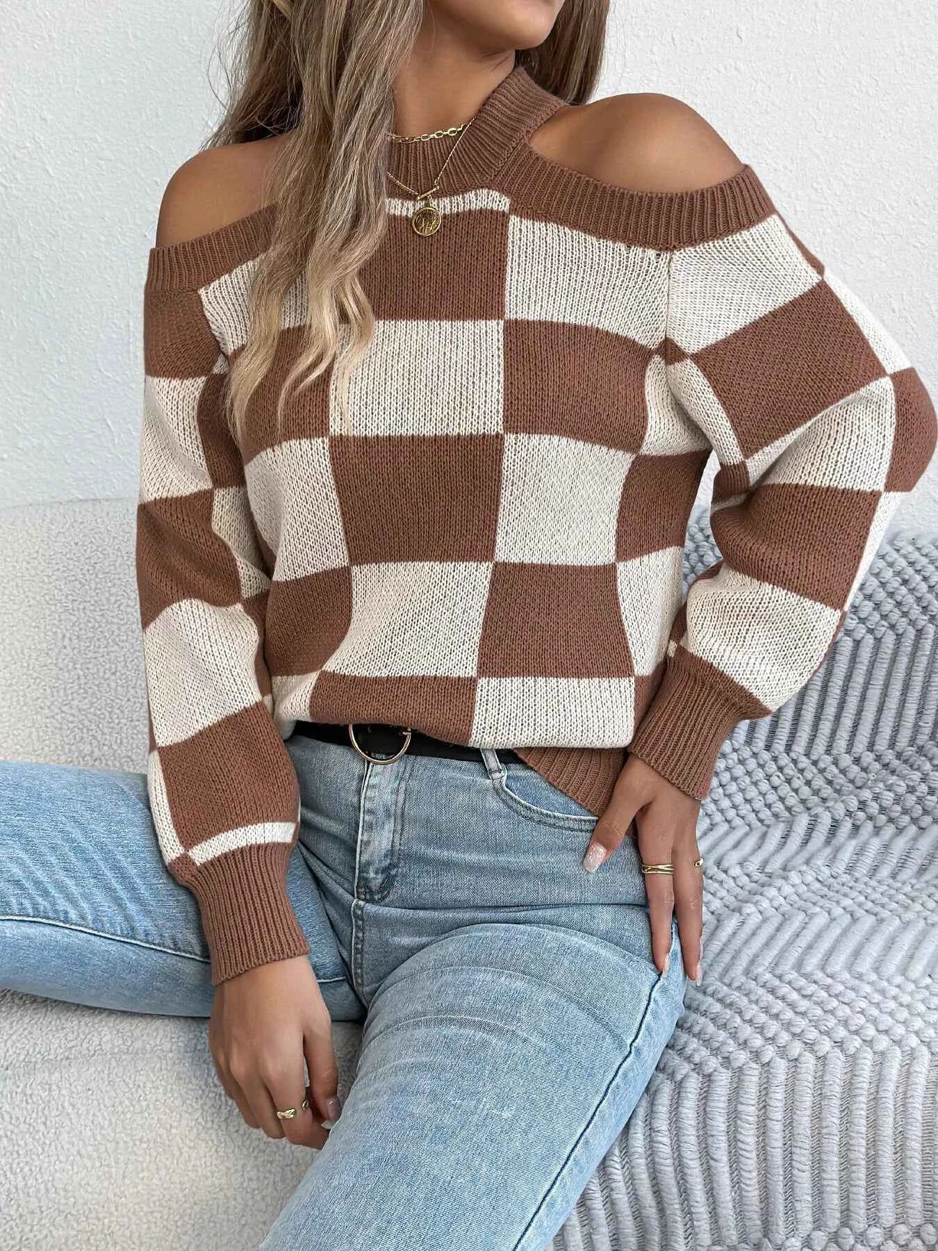 Cold Shoulder Checkered Long Sleeve Sweater Brown c4a8196c144d41acbffe6c4f3366dcc8-Max-Origin