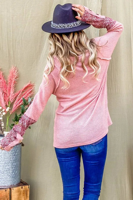 And The Why Button Detail Printed Sleeve Waffle Knit Top c4c90e3b582f468c8c30916967a2e6da-Max-Origin