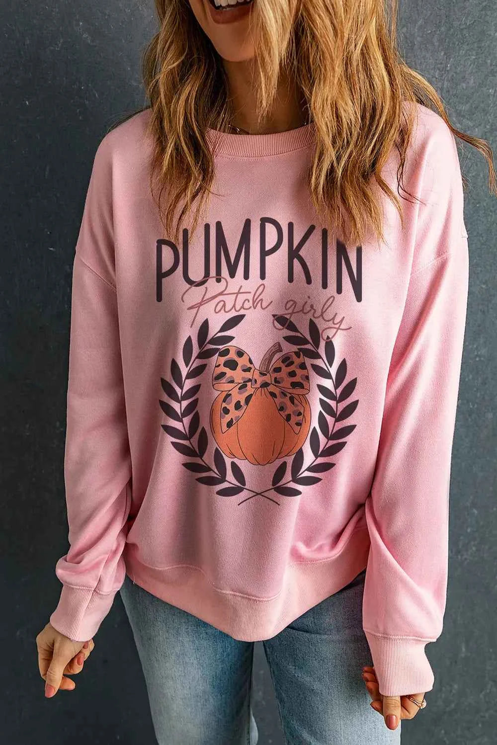 Pumpkin Round Neck Long Sleeve Sweatshirt Blush Pink c503e809-4384-4810-b00c-c2d2b74d67ff-Max