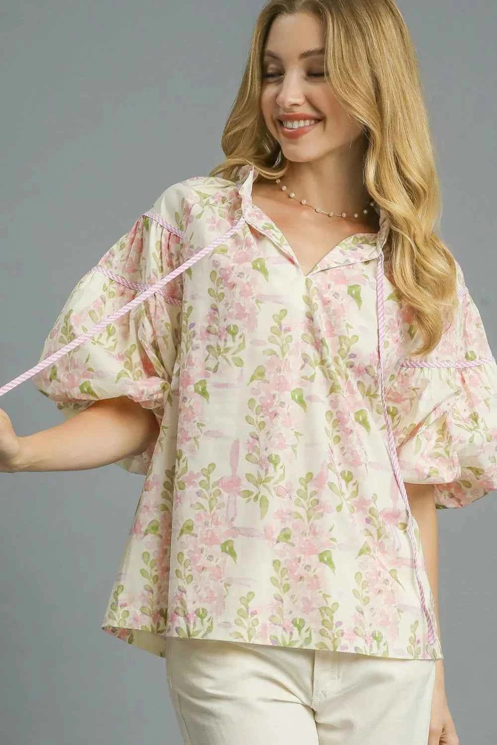 Umgee Floral Print Puff Sleeve Tie Neck Blouse Blush Pink c5422bfc-ccde-421c-91fa-d6e0bfaf173f-Max-Origin