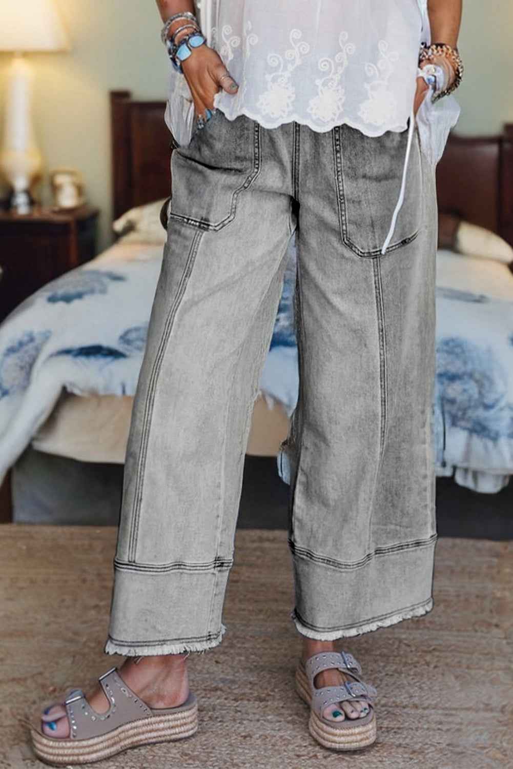Beau Blue Drawstring Seam Detail Raw Hem Wide Leg Jeans c572ad2382e9eeba