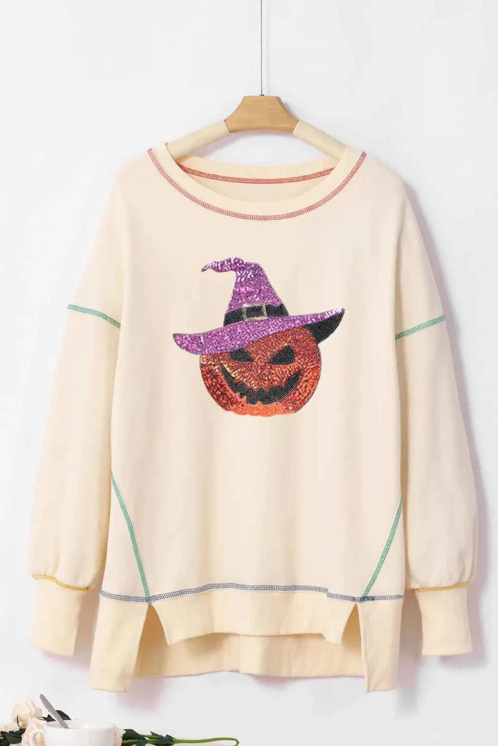 Contrast Stitching Sequin Pumpkin Round Neck Long Sleeve Sweatshirt c5ce7017-9ed1-4f10-9ccd-2a891dea9cc2-Max